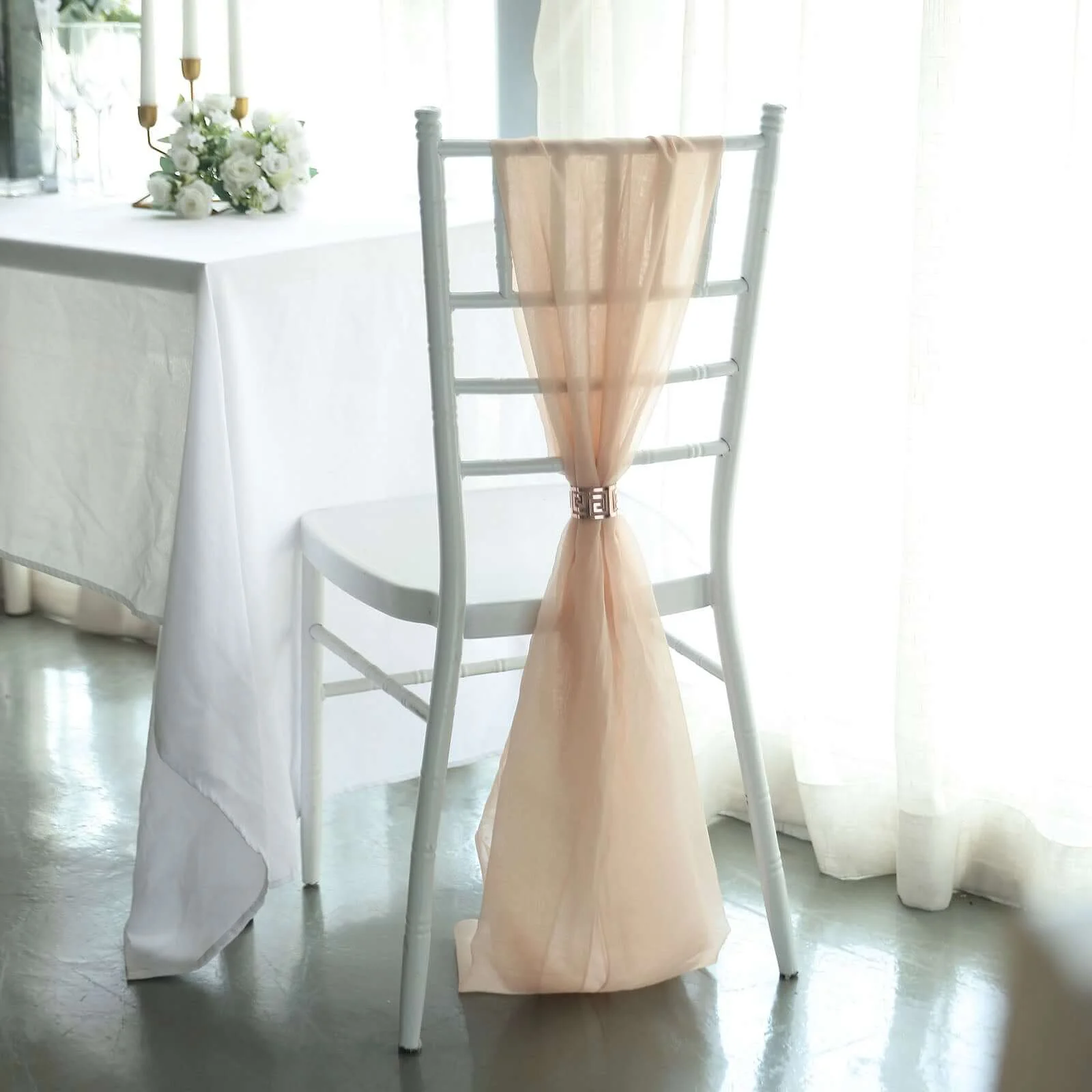 5 Pack Chiffon Chair Sashes 22"x78" Nude - Sheer Designer Chair Bows - Image 6