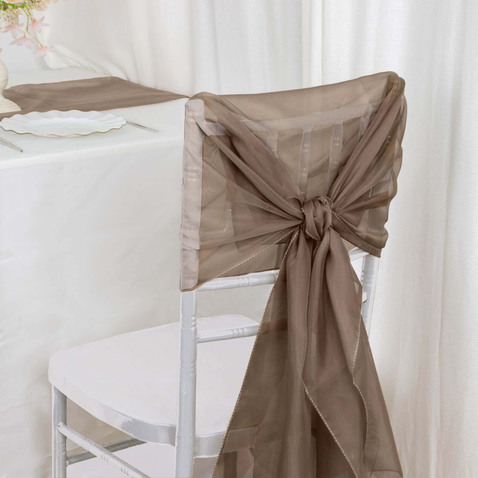 5 Pack Chiffon Chair Sashes 22"x78" Taupe - Sheer Designer Chair Bows - Image 6