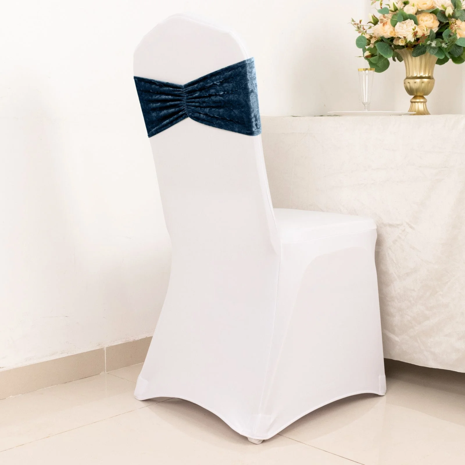 5 Pack Premium Crushed Velvet Chair Sashes Navy Blue, Ruffle Style Textured Decorative Chair Bands - Image 2