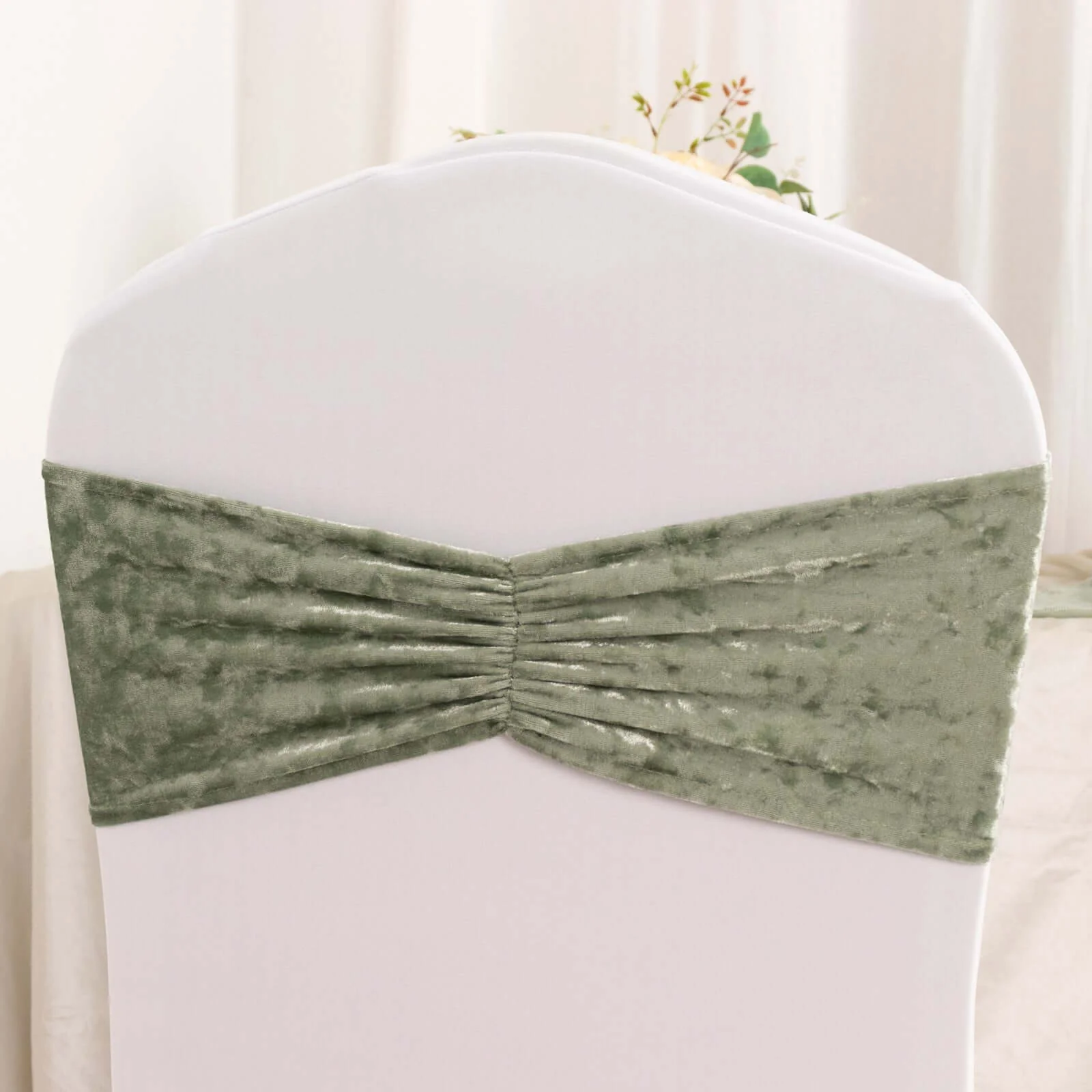 5 Pack Premium Crushed Velvet Chair Sashes Sage Green, Ruffle Style Textured Decorative Chair Bands - Image 11