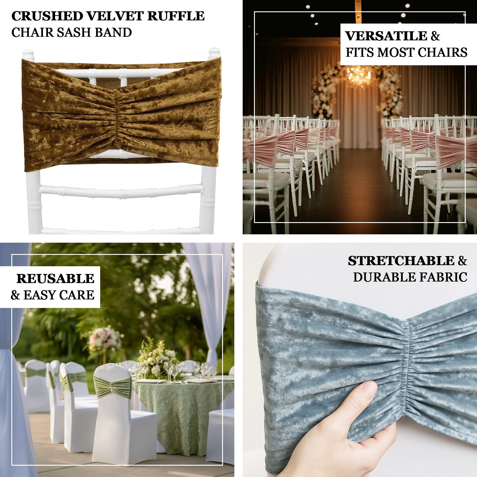 5 Pack Premium Crushed Velvet Chair Sashes Sage Green, Ruffle Style Textured Decorative Chair Bands - Image 4