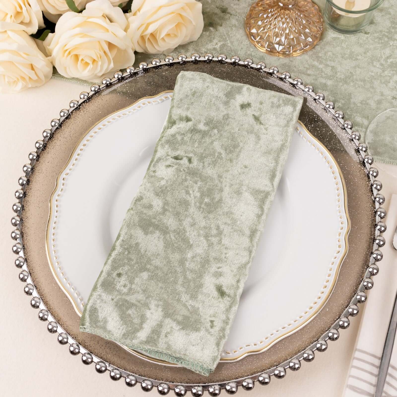 5 Pack Premium Crushed Velvet Napkins 20"x20" Sage Green - Exquisite Lustrous Cloth Napkins - Image 2