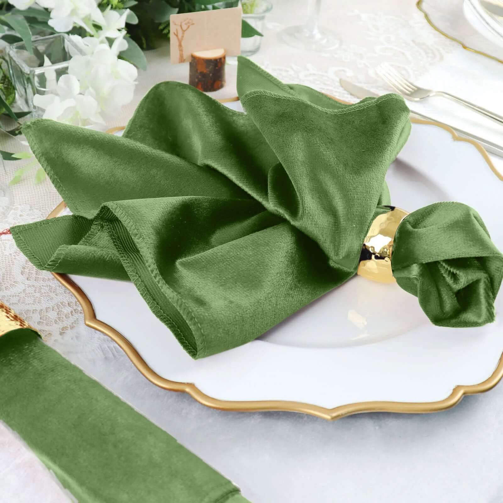 5 Pack Premium Velvet Napkins 20"x20" Olive Green - Soft Sheen Finish Dinner Napkins - Image 2