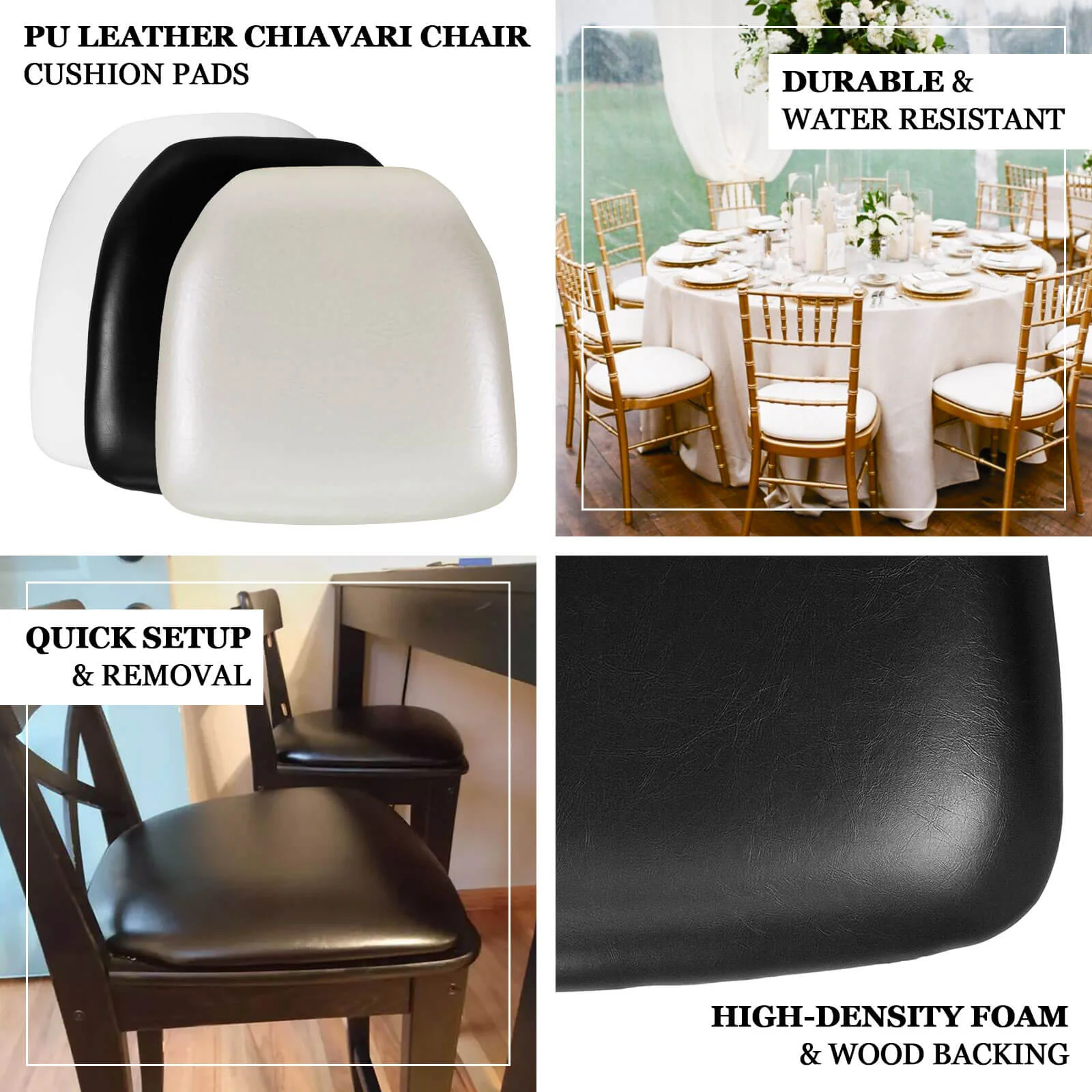 5 Pack PU Leather Chiavari Chair Cushion Pads with Wood Backing Black 1.5" Thick - Tie-Less Non-Slip Design for Dining Chairs 16" - Image 4