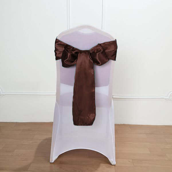 5 Pack Satin Chair Sashes 6"x106" Chocolate - Reusable Chair Bows with Smooth Finish - Image 8