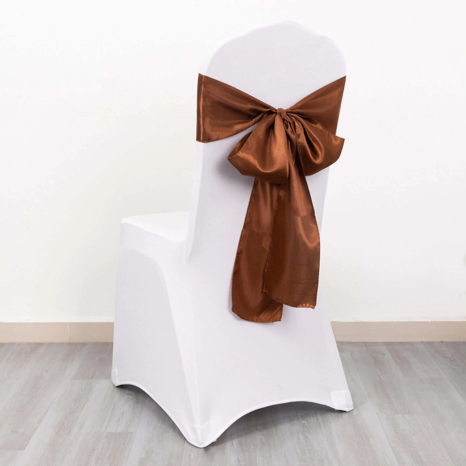 5 Pack Satin Chair Sashes 6"x106" Cinnamon Brown - Reusable Chair Bows with Smooth Finish
