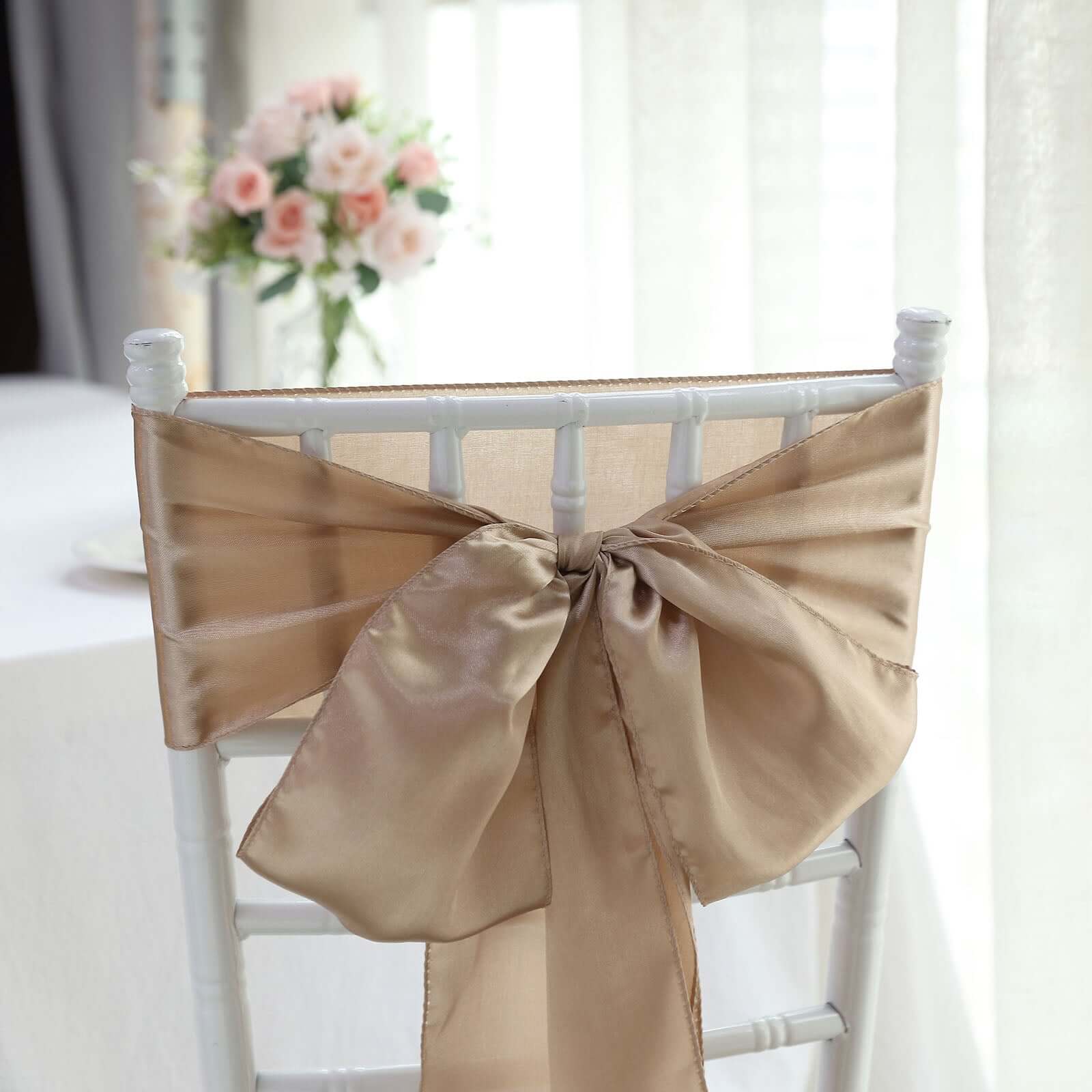 5 Pack Satin Chair Sashes 6"x106" Nude - Reusable Chair Bows with Smooth Finish - Image 2
