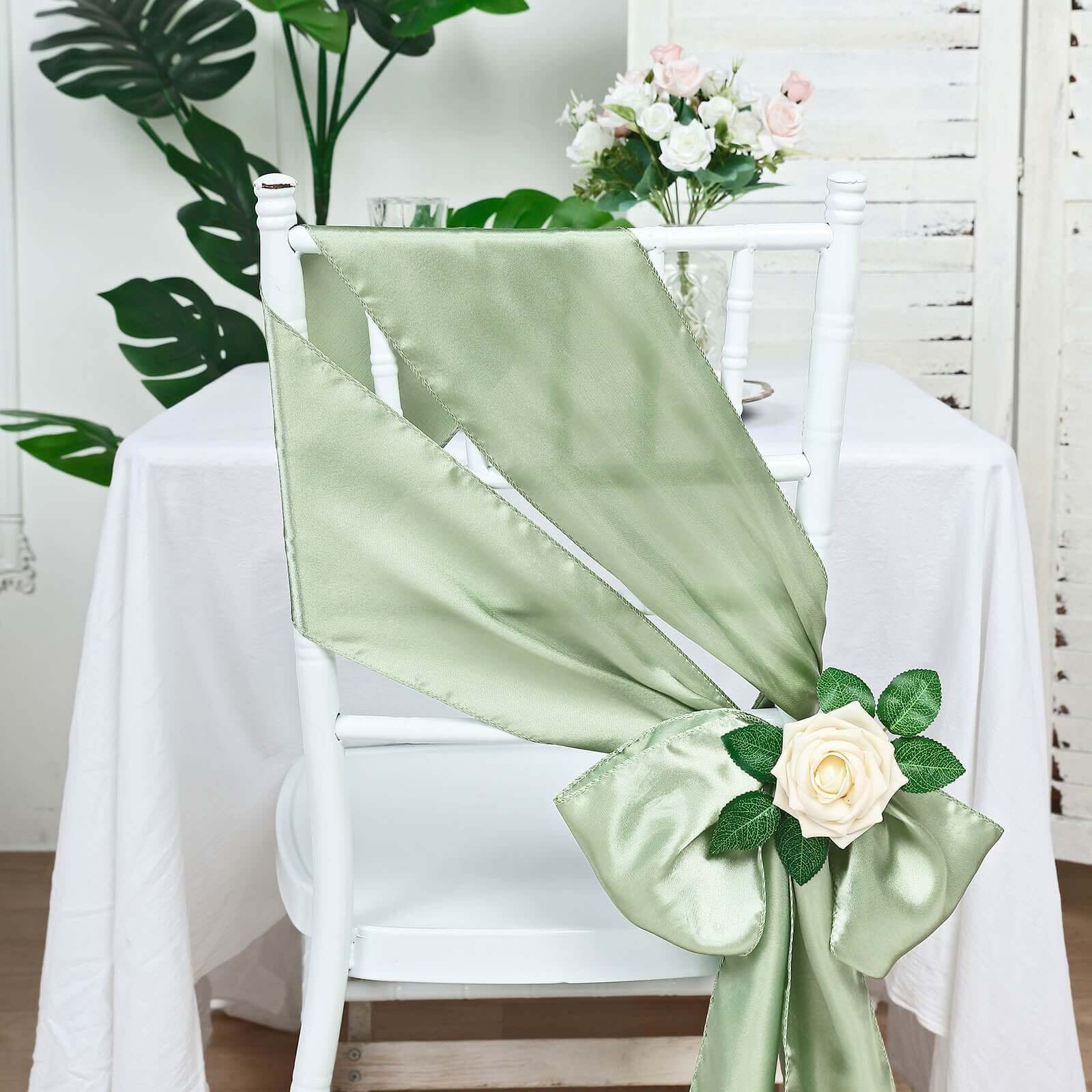 5 Pack Satin Chair Sashes 6"x106" Sage Green - Reusable Chair Bows with Smooth Finish - Image 7