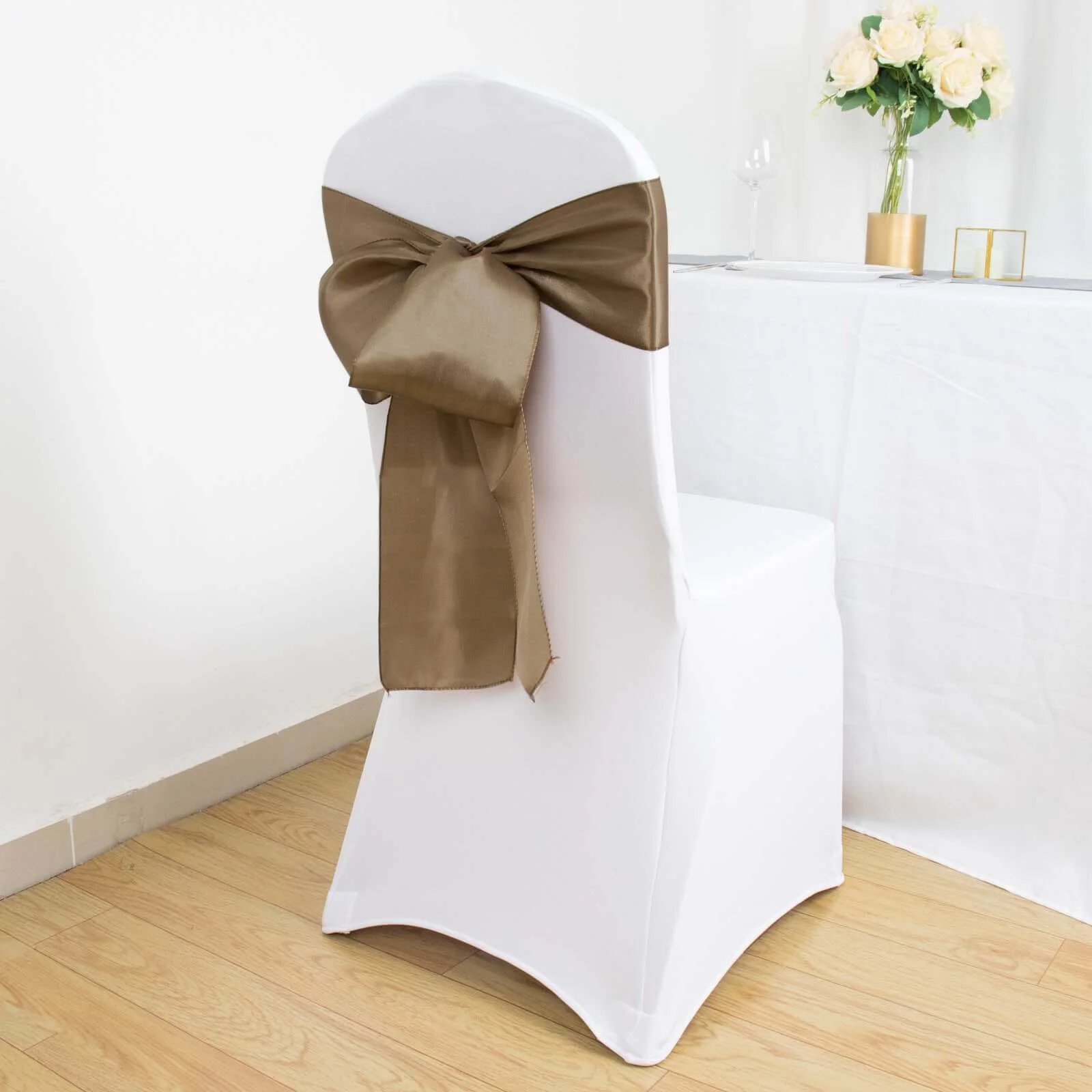 5 Pack Satin Chair Sashes 6"x106" Taupe - Reusable Chair Bows with Smooth Finish - Image 10