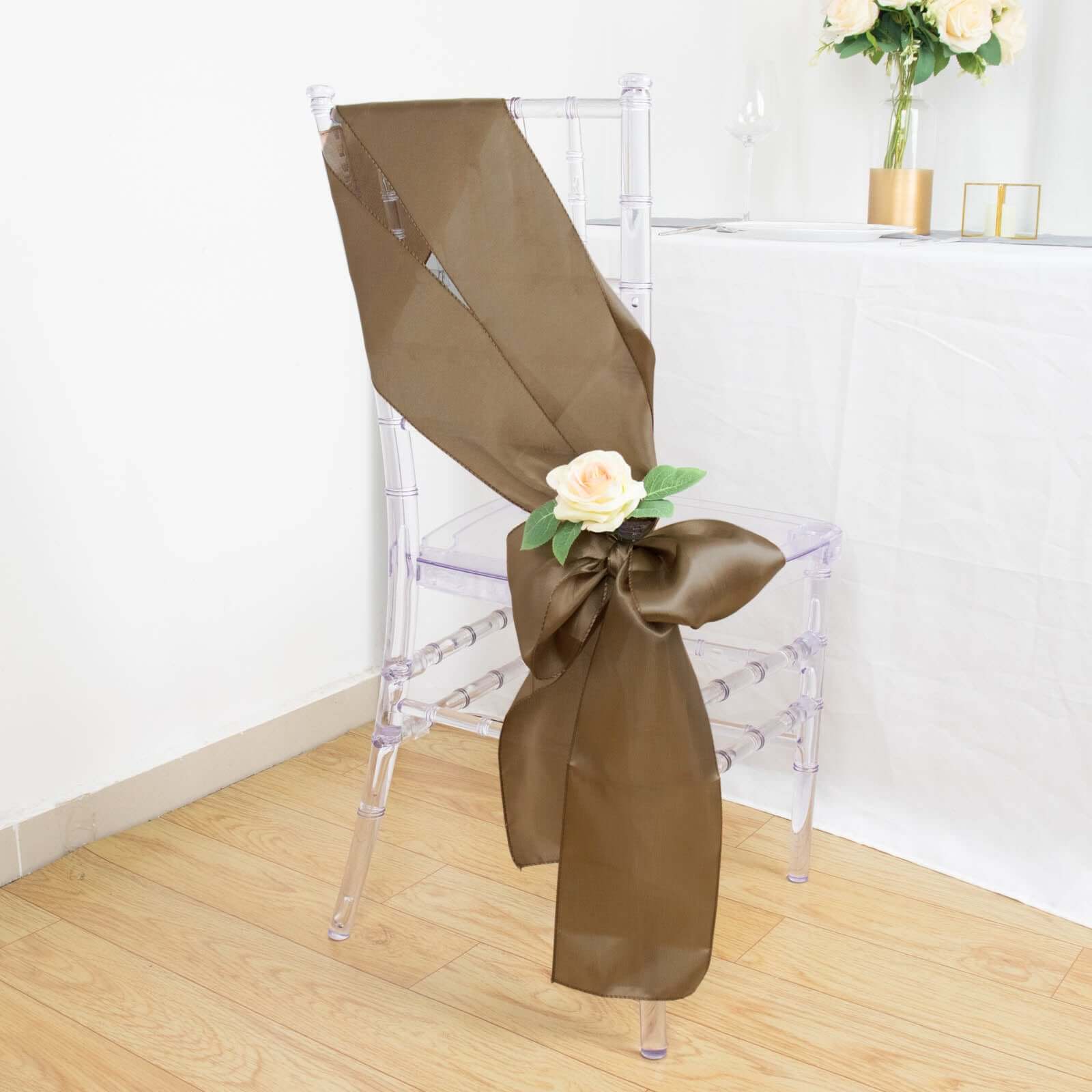 5 Pack Satin Chair Sashes 6"x106" Taupe - Reusable Chair Bows with Smooth Finish - Image 2