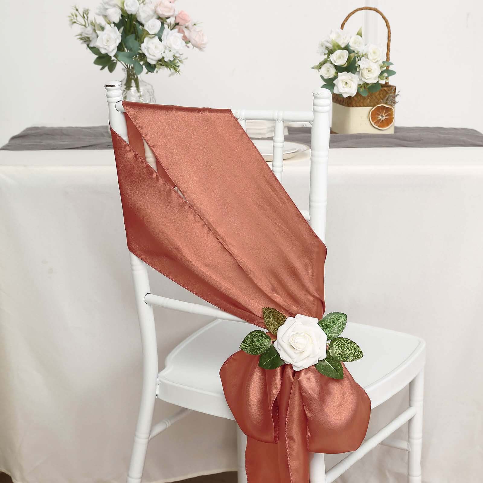 5 Pack Satin Chair Sashes 6"x106" Terracotta (Rust) - Reusable Chair Bows with Smooth Finish - Image 2