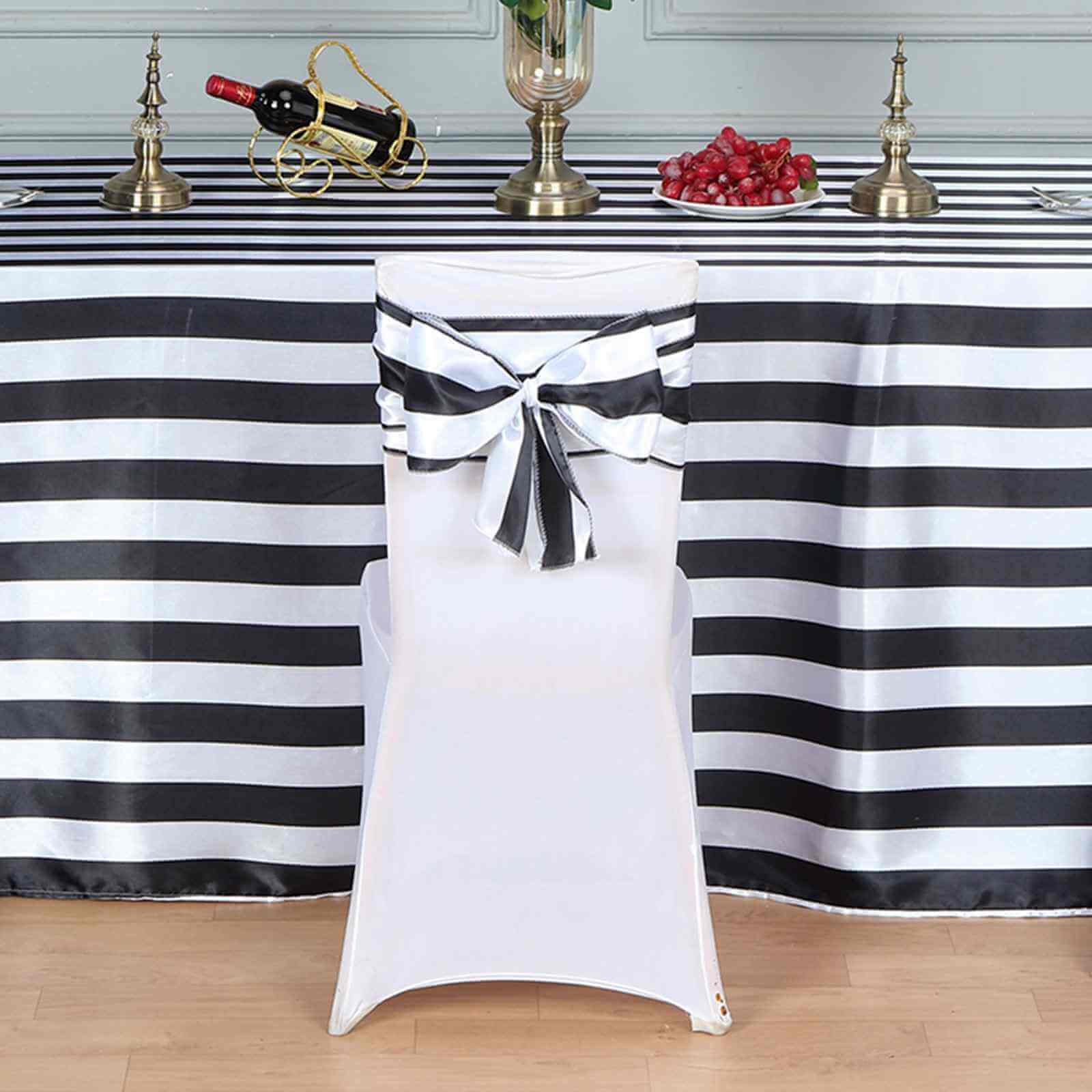 5 Pack Satin Chair Sashes 6"x108" Black and White Stripes - Stylish Decorative Design for Events - Image 2