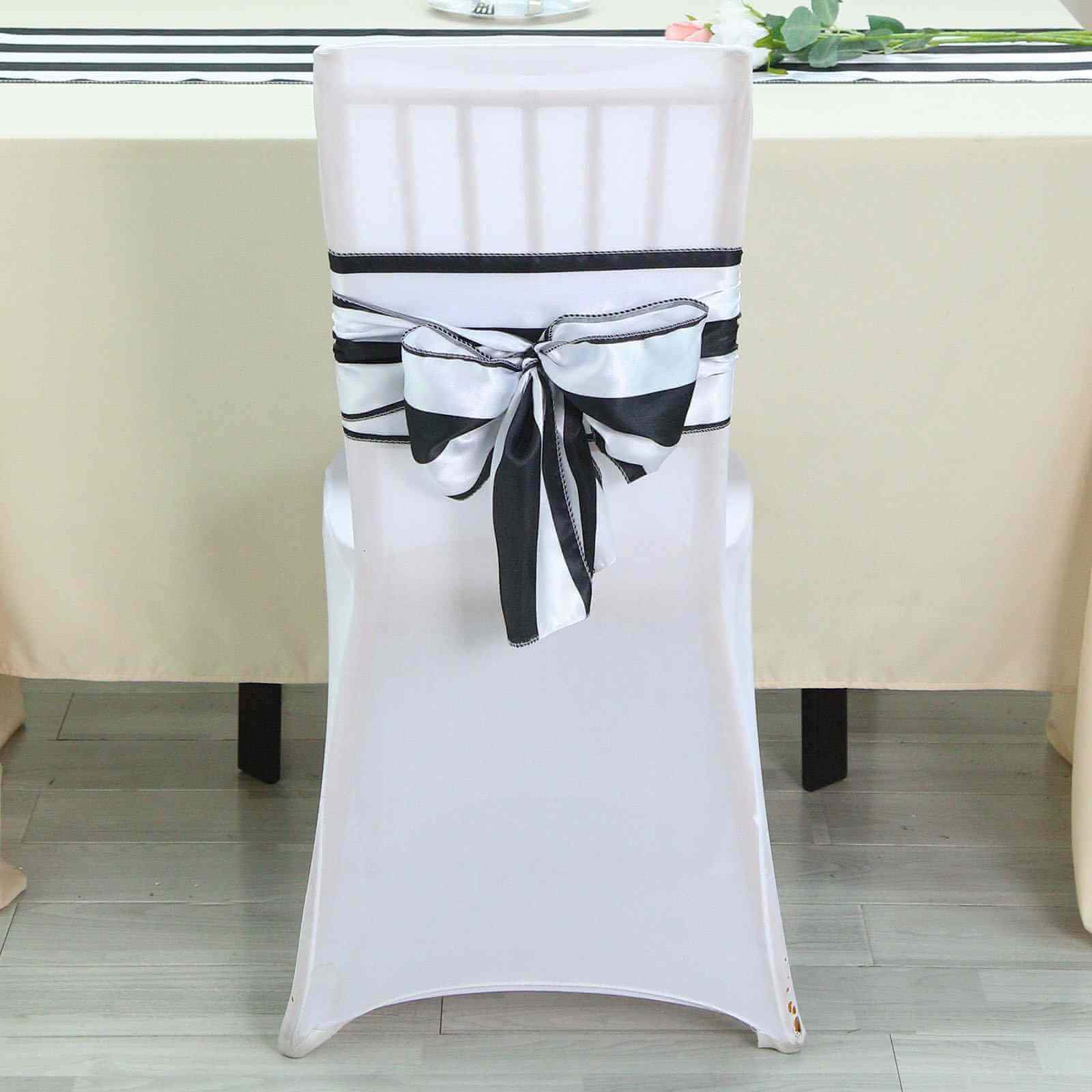 5 Pack Satin Chair Sashes 6"x108" Black and White Stripes - Stylish Decorative Design for Events - Image 3
