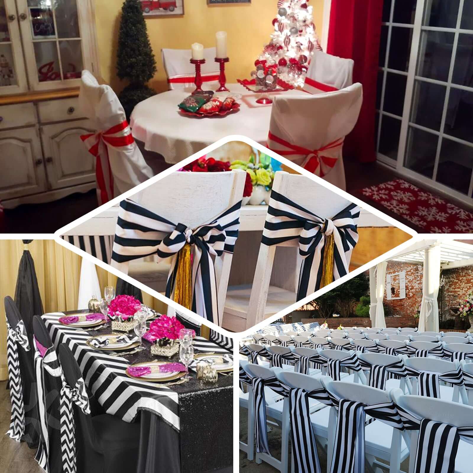 5 Pack Satin Chair Sashes 6"x108" Black and White Stripes - Stylish Decorative Design for Events - Image 5