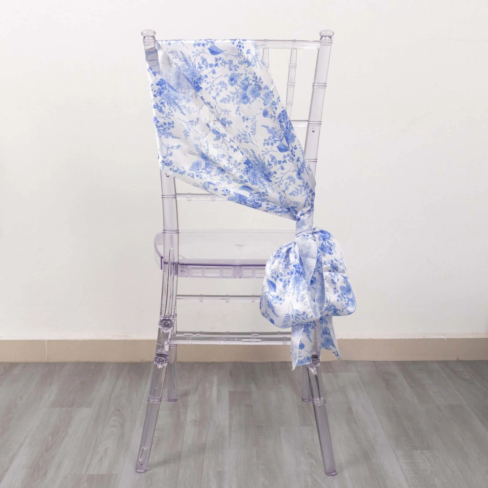 5 Pack Satin Chair Sashes 6"x108" White/Blue French Toile Floral Pattern - Smooth & Durable Chair Bows for Chic Weddings, Parties & Events - Image 4