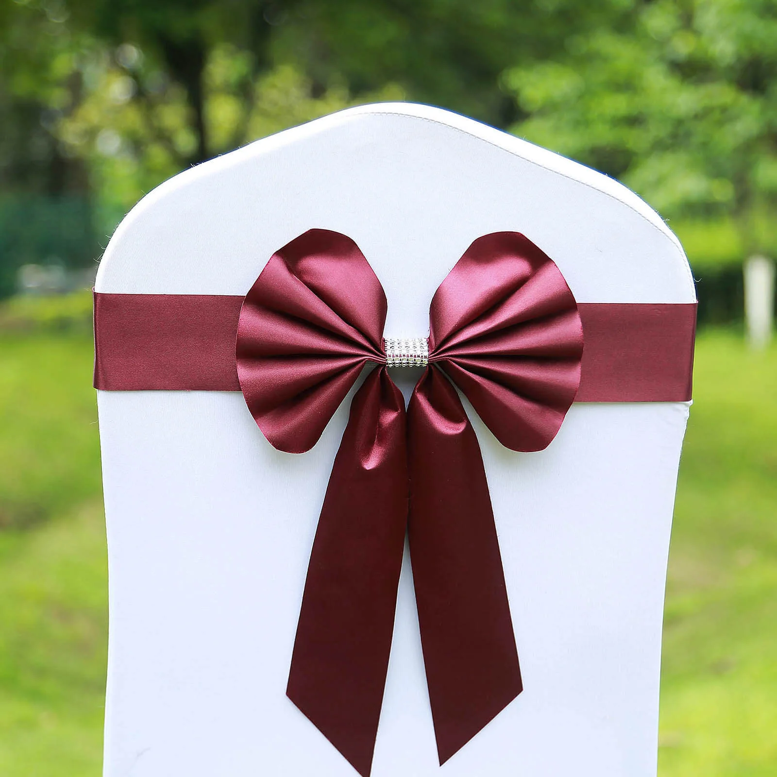 5 Pack Satin Faux Leather Chair Sashes Burgundy with Diamond Rhinestone Buckles - Reversible Pre-tied Bow Tie Chair Bands - Image 13