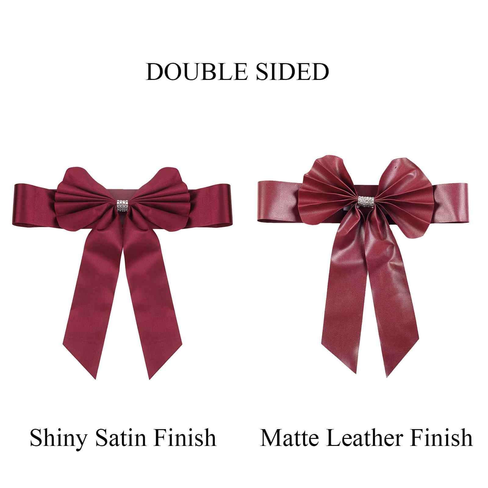 5 Pack Satin Faux Leather Chair Sashes Burgundy with Diamond Rhinestone Buckles - Reversible Pre-tied Bow Tie Chair Bands - Image 17