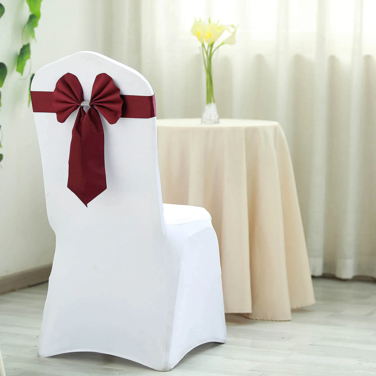 5 Pack Satin Faux Leather Chair Sashes Burgundy with Diamond Rhinestone Buckles - Reversible Pre-tied Bow Tie Chair Bands - Image 2