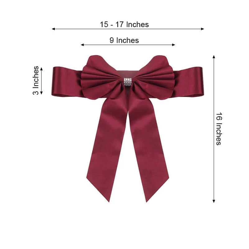 5 Pack Satin Faux Leather Chair Sashes Burgundy with Diamond Rhinestone Buckles - Reversible Pre-tied Bow Tie Chair Bands - Image 3