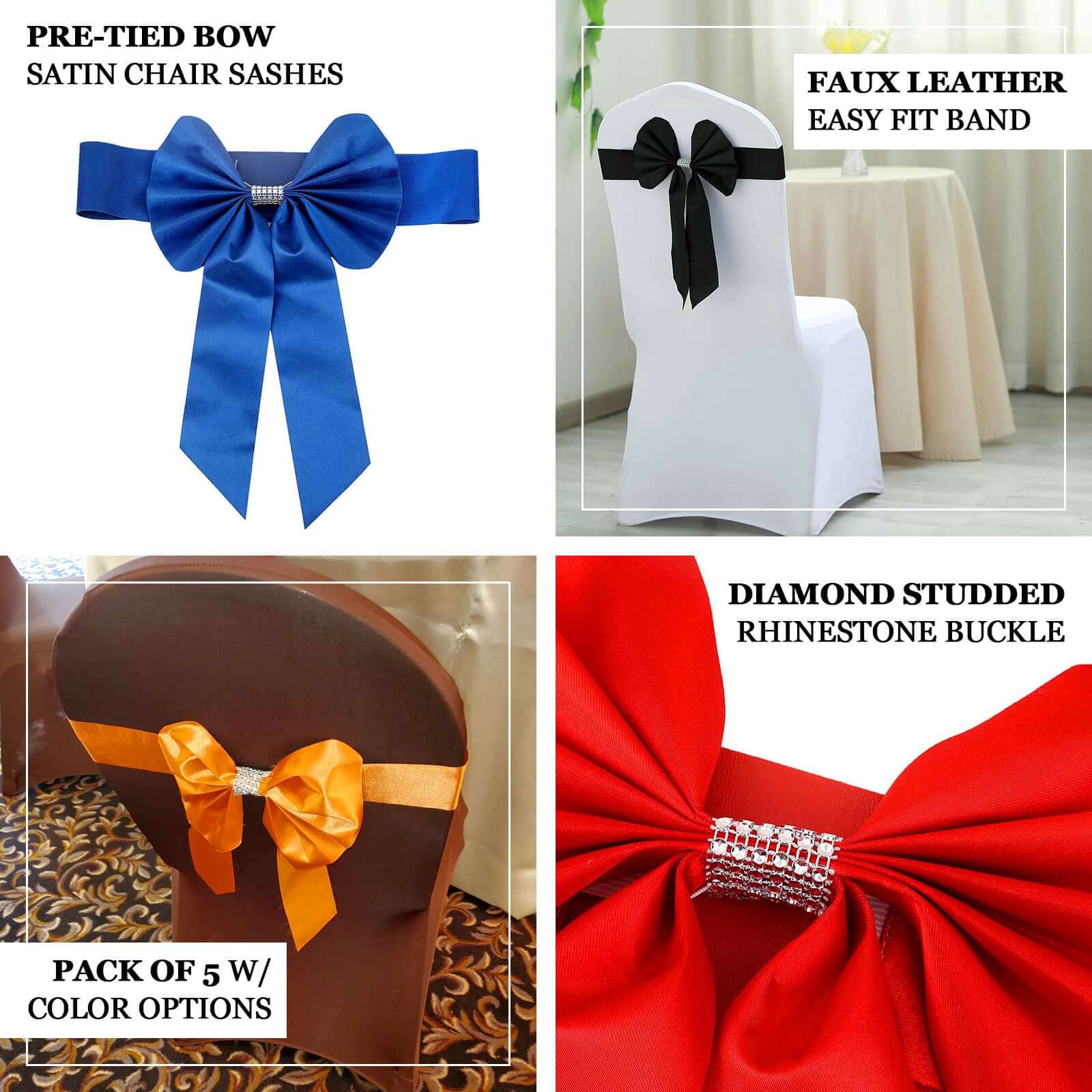 5 Pack Satin Faux Leather Chair Sashes Burgundy with Diamond Rhinestone Buckles - Reversible Pre-tied Bow Tie Chair Bands - Image 4