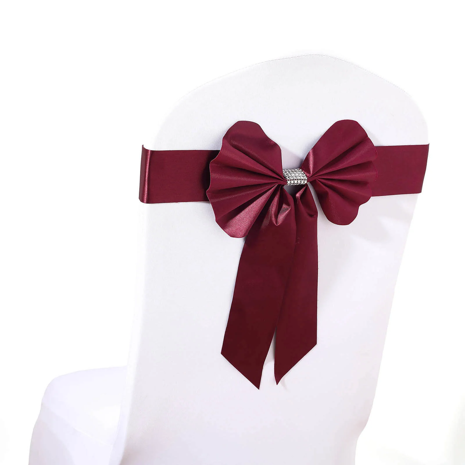 5 Pack Satin Faux Leather Chair Sashes Burgundy with Diamond Rhinestone Buckles - Reversible Pre-tied Bow Tie Chair Bands - Image 7
