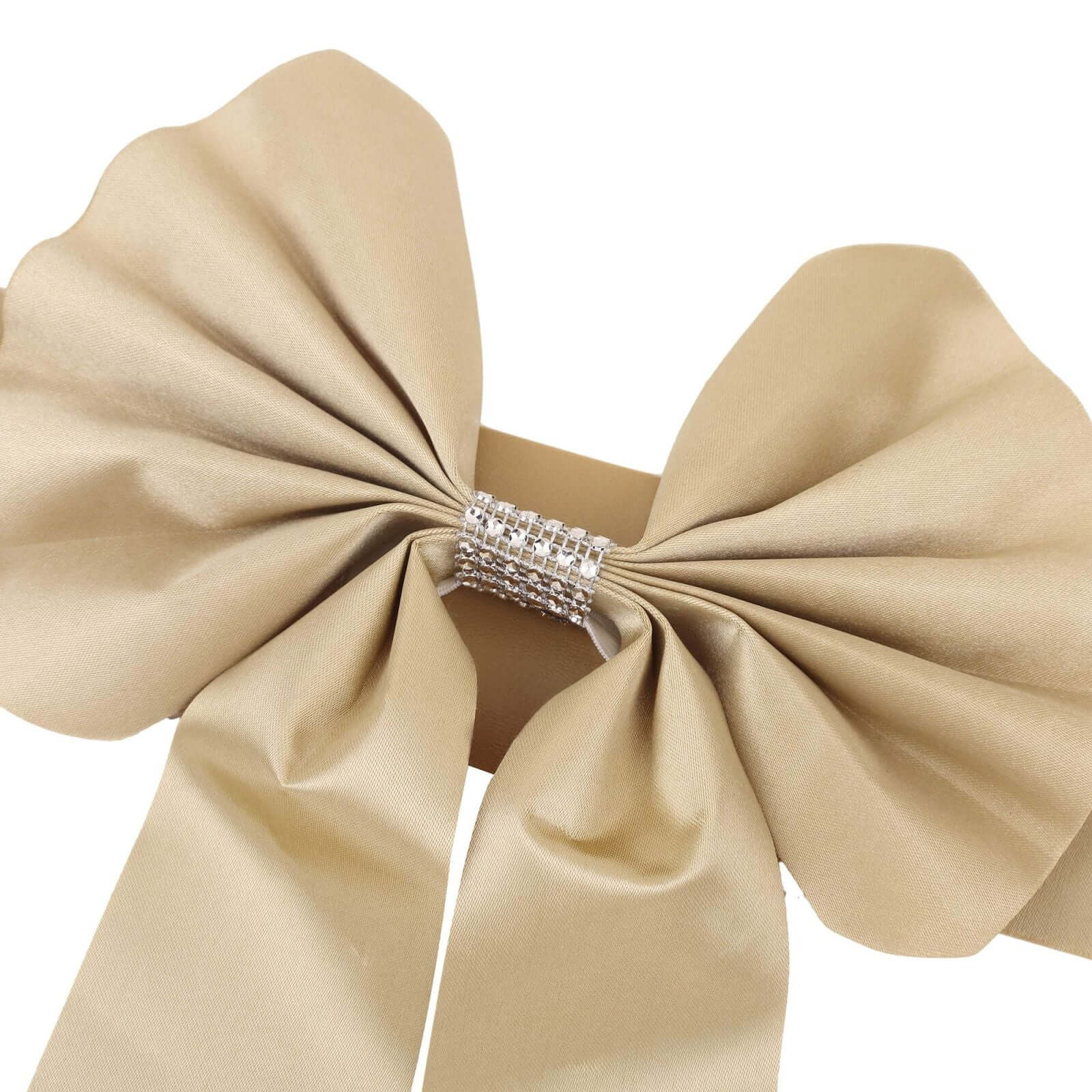 5 Pack Satin Faux Leather Chair Sashes Champagne with Diamond Rhinestone Buckles - Reversible Pre-tied Bow Tie Chair Bands - Image 10
