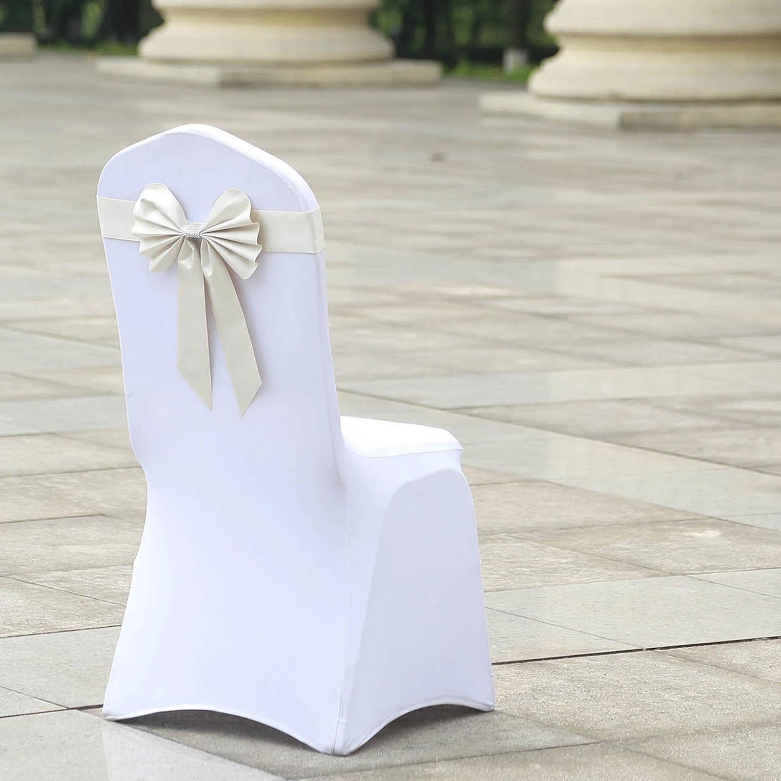 5 Pack Satin Faux Leather Chair Sashes Ivory with Diamond Rhinestone Buckles - Reversible Pre-tied Bow Tie Chair Bands - Image 2