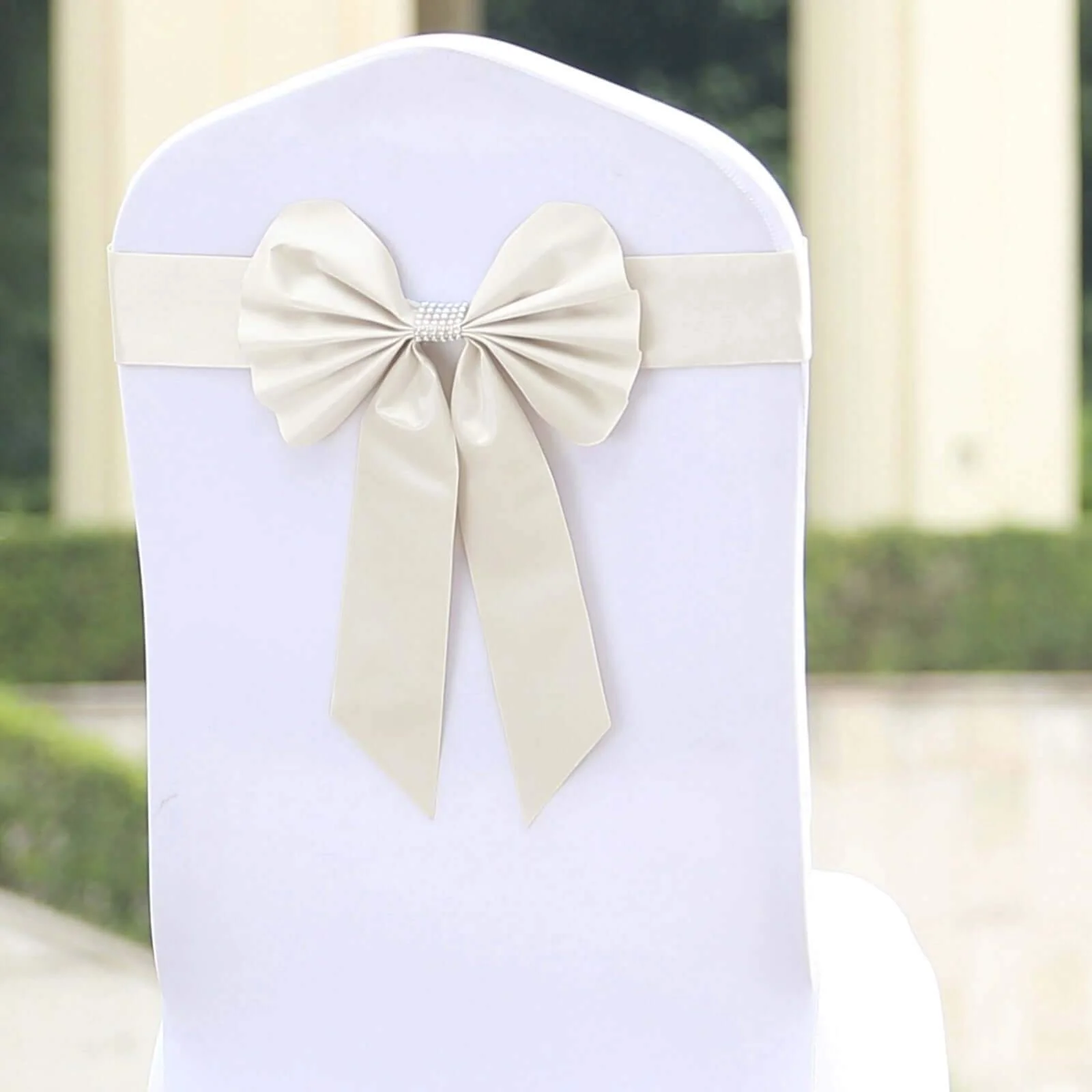 5 Pack Satin Faux Leather Chair Sashes Ivory with Diamond Rhinestone Buckles - Reversible Pre-tied Bow Tie Chair Bands - Image 6