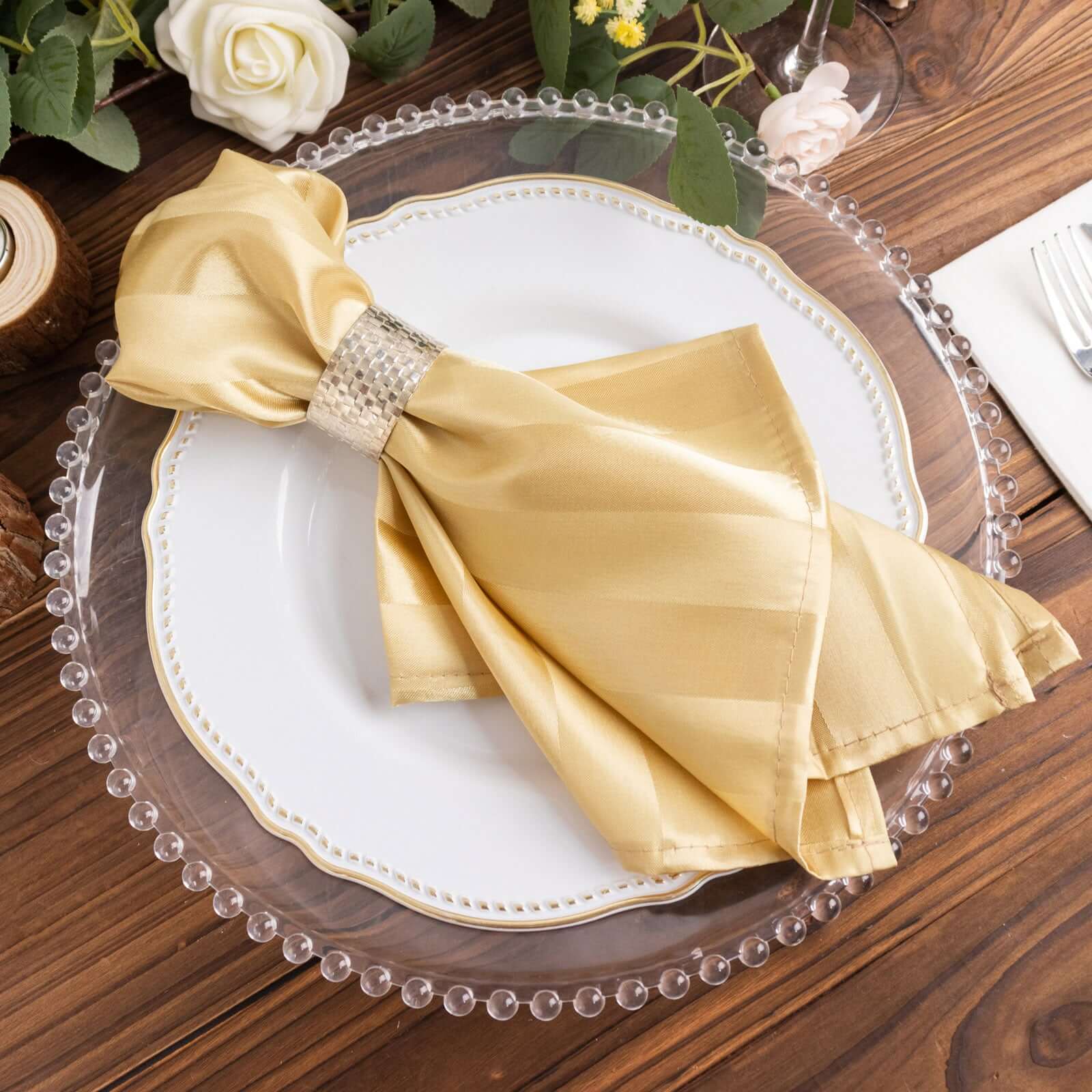 5 Pack Satin Napkins 20"x20" Champagne Glossy Stripes - Wrinkle-Resistant Dinner Napkins