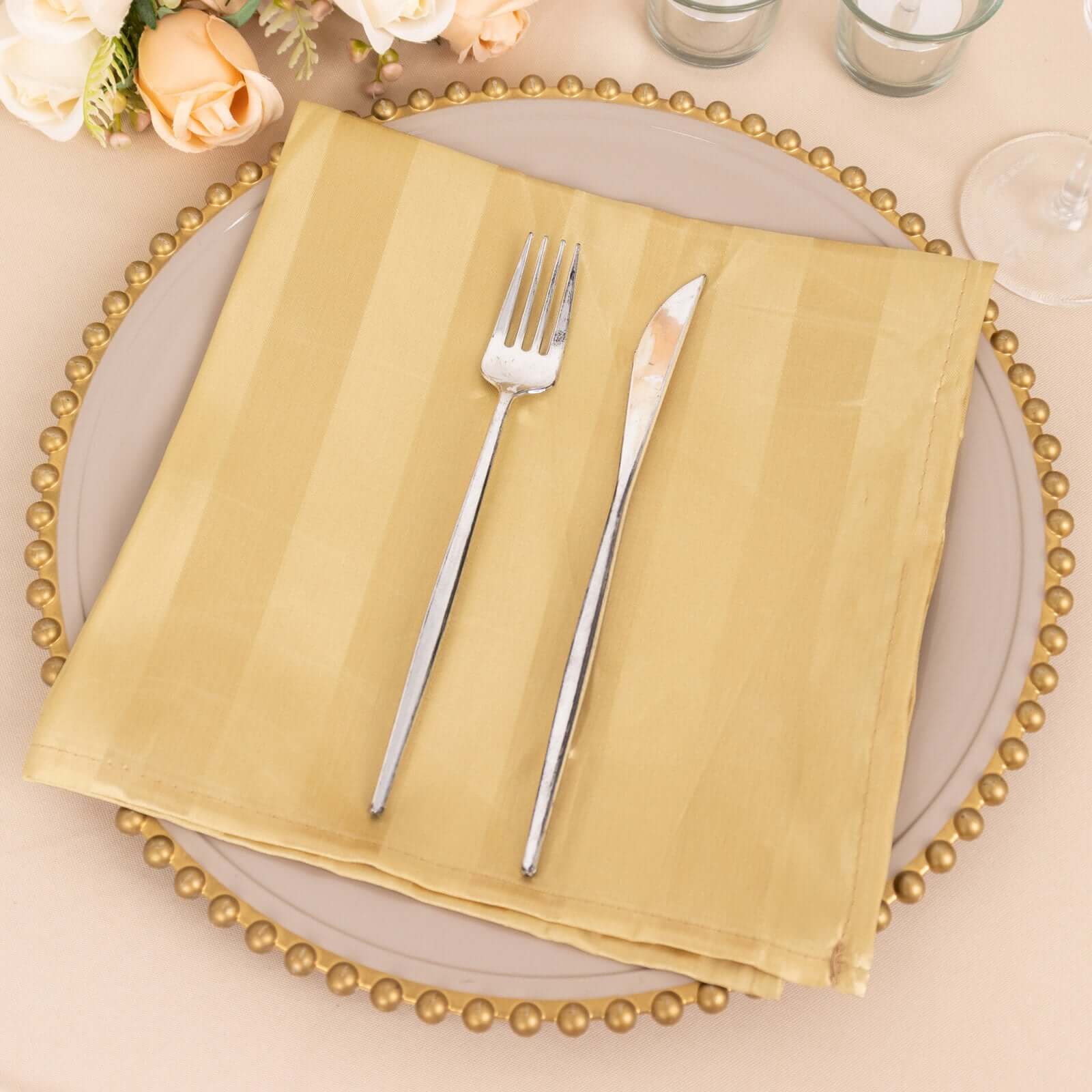 5 Pack Satin Napkins 20"x20" Champagne Glossy Stripes - Wrinkle-Resistant Dinner Napkins - Image 3