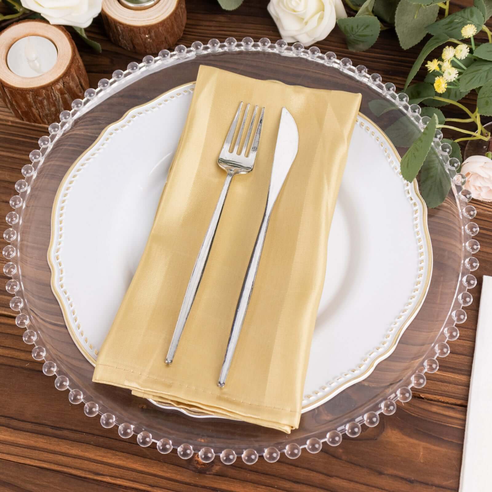 5 Pack Satin Napkins 20"x20" Champagne Glossy Stripes - Wrinkle-Resistant Dinner Napkins - Image 6