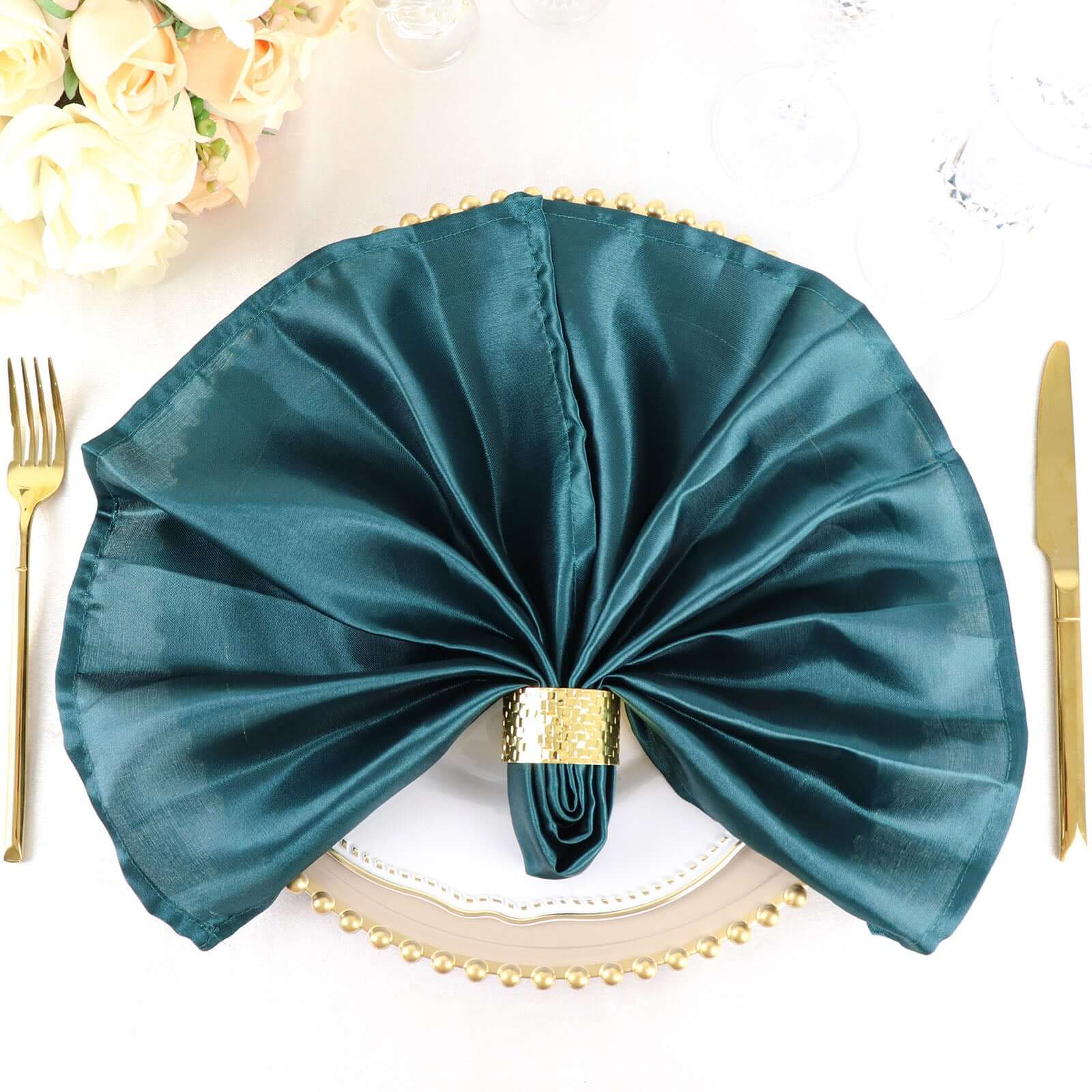 5 Pack Satin Napkins 20"x20" Peacock Teal - Soft Reusable Cloth Napkins - Image 3