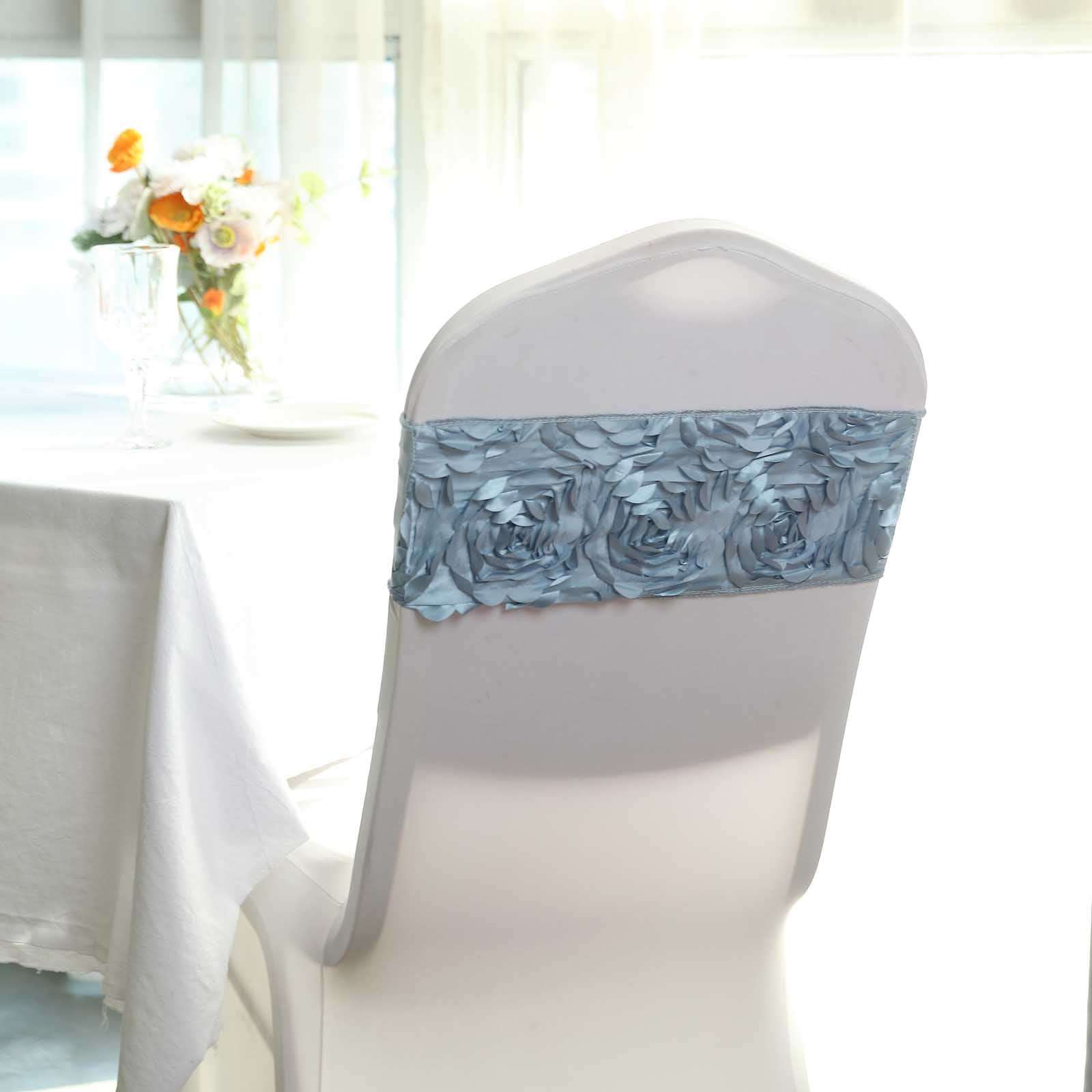 5 Pack Satin Spandex Chair Sashes 6"x14" Dusty Blue - Rosette Pattern Stretch Chair Bands - Image 10