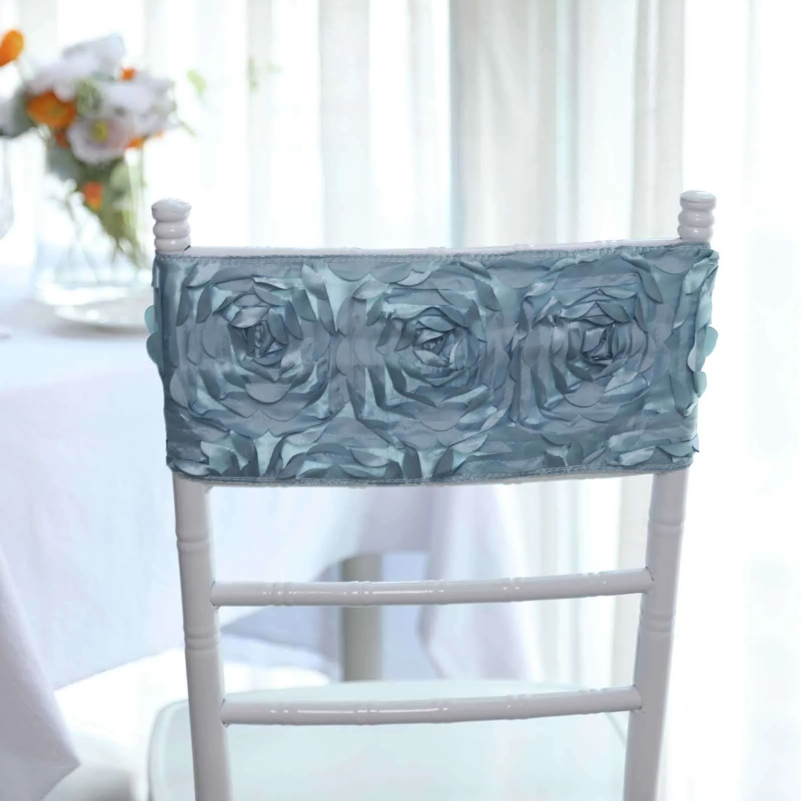 5 Pack Satin Spandex Chair Sashes 6"x14" Dusty Blue - Rosette Pattern Stretch Chair Bands - Image 2