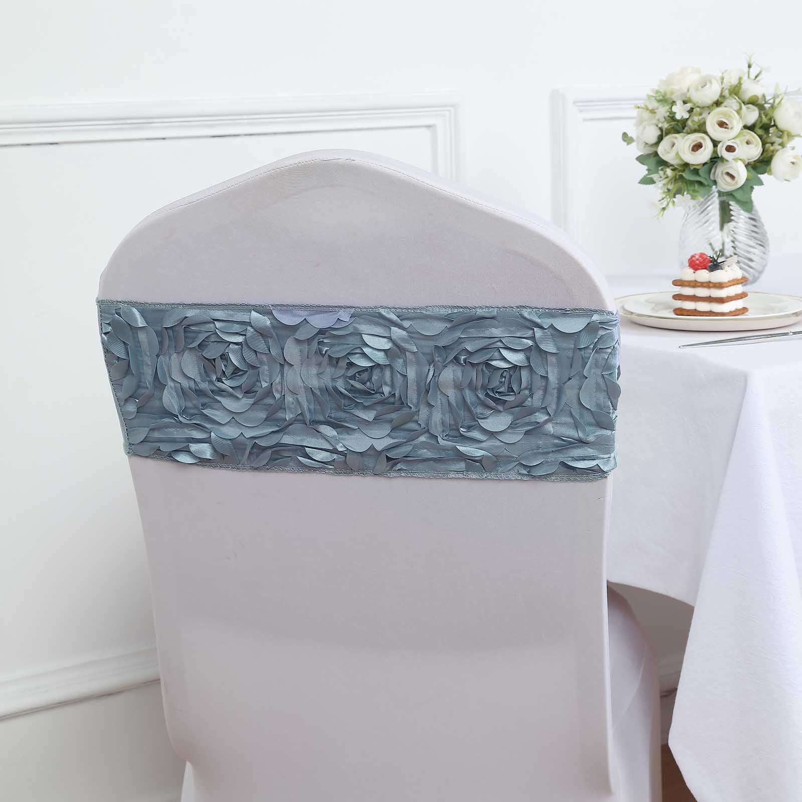 5 Pack Satin Spandex Chair Sashes 6"x14" Dusty Blue - Rosette Pattern Stretch Chair Bands - Image 7