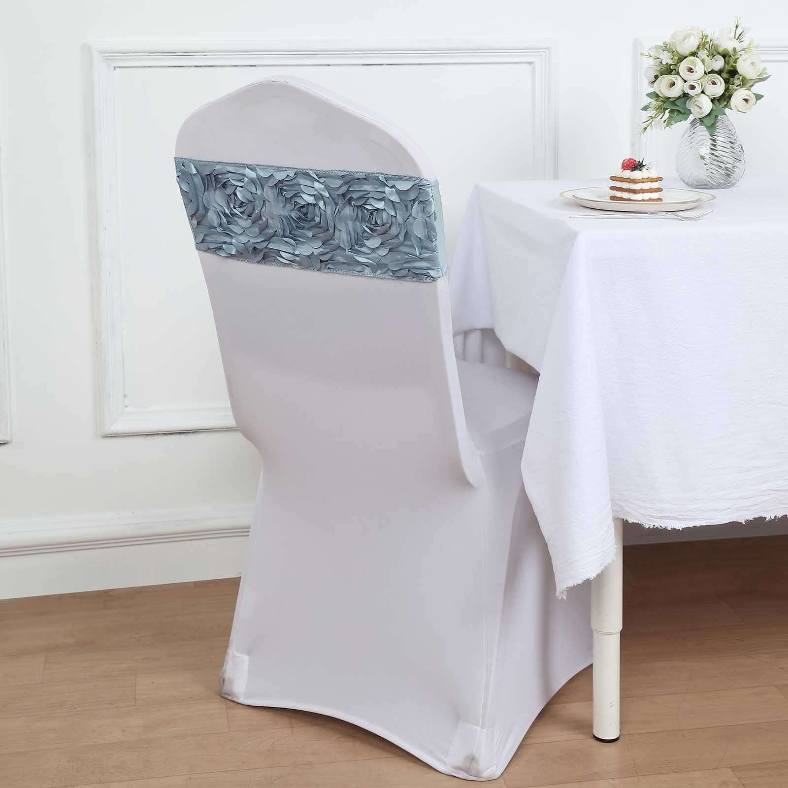 5 Pack Satin Spandex Chair Sashes 6"x14" Dusty Blue - Rosette Pattern Stretch Chair Bands - Image 9