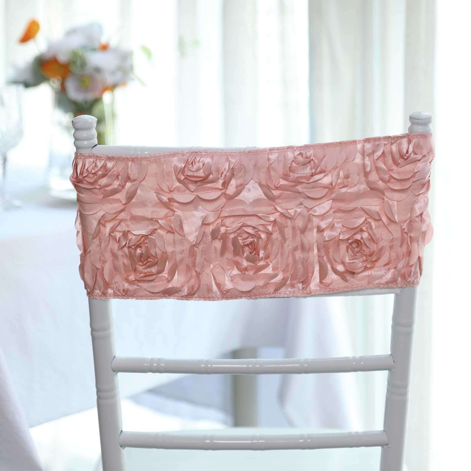 5 Pack Satin Spandex Chair Sashes 6"x14" Dusty Rose - Rosette Pattern Stretch Chair Bands - Image 2