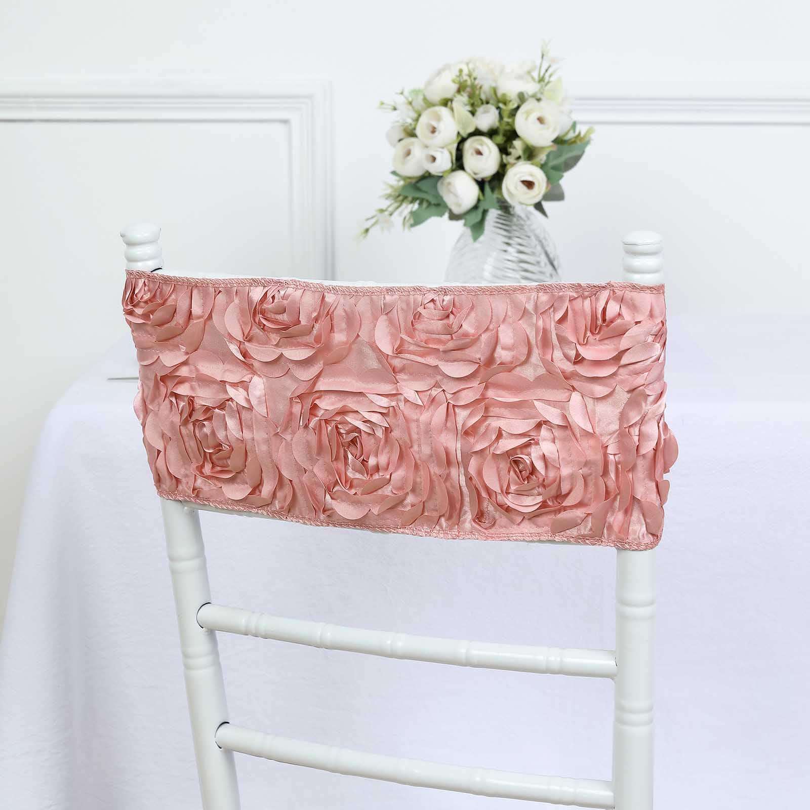 5 Pack Satin Spandex Chair Sashes 6"x14" Dusty Rose - Rosette Pattern Stretch Chair Bands - Image 6