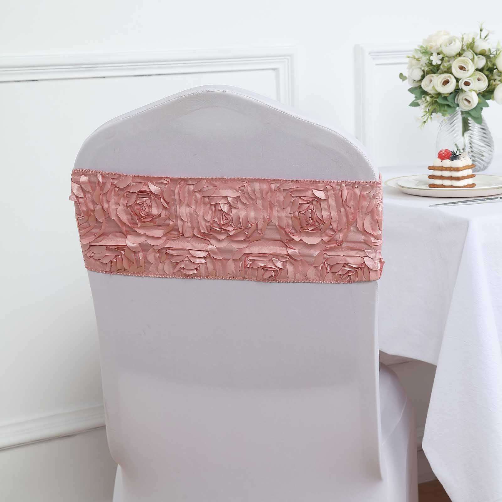 5 Pack Satin Spandex Chair Sashes 6"x14" Dusty Rose - Rosette Pattern Stretch Chair Bands - Image 7