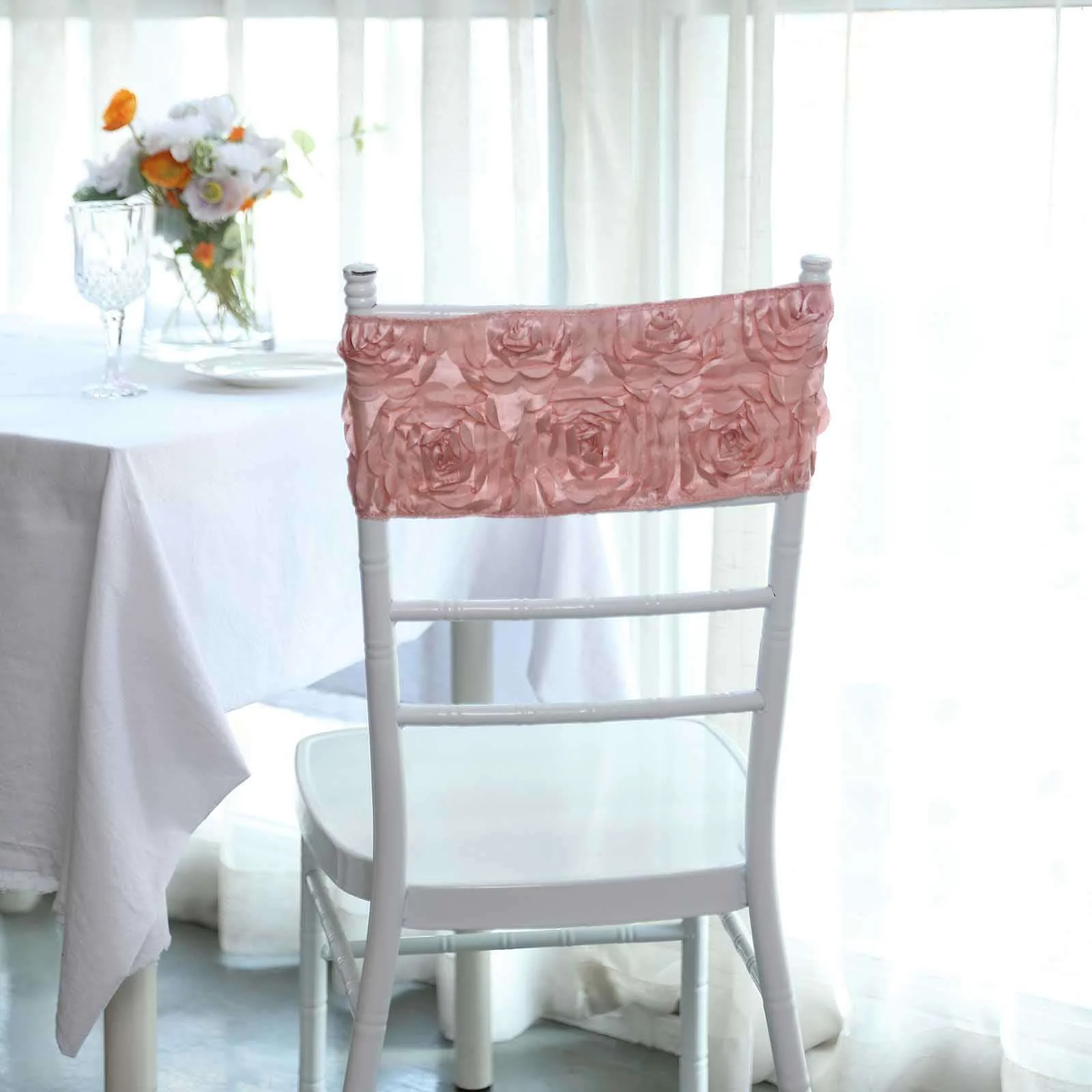 5 Pack Satin Spandex Chair Sashes 6"x14" Dusty Rose - Rosette Pattern Stretch Chair Bands - Image 8