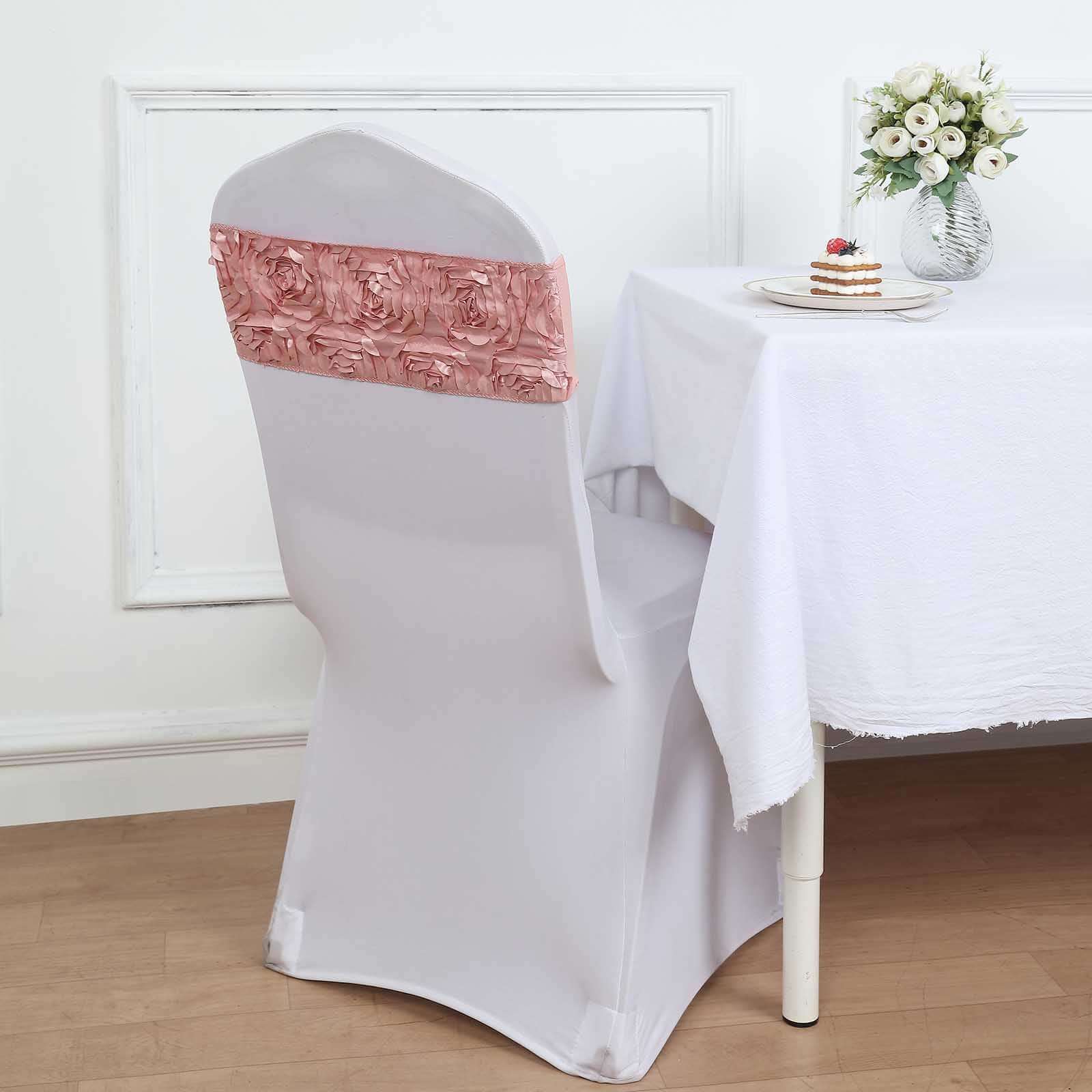 5 Pack Satin Spandex Chair Sashes 6"x14" Dusty Rose - Rosette Pattern Stretch Chair Bands - Image 9