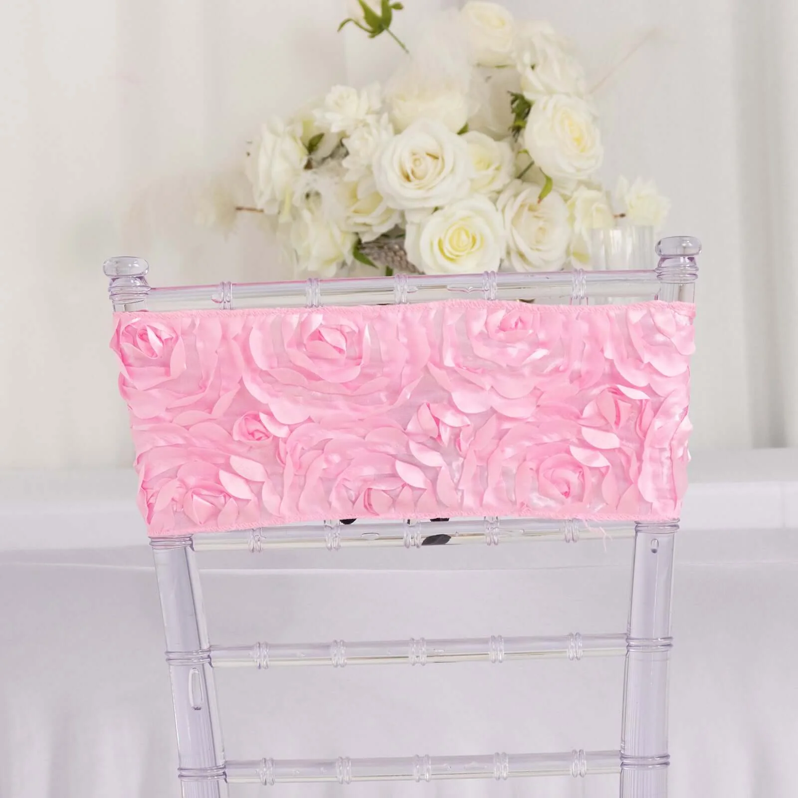 5 Pack Satin Spandex Chair Sashes 6"x14" Pink - Rosette Pattern Stretch Chair Bands - Image 10