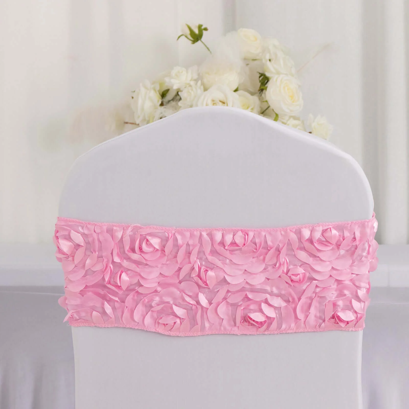 5 Pack Satin Spandex Chair Sashes 6"x14" Pink - Rosette Pattern Stretch Chair Bands - Image 12