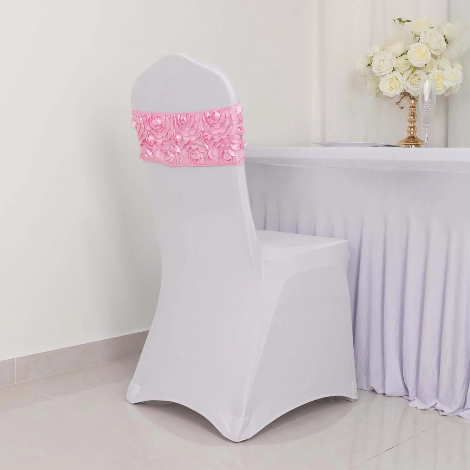5 Pack Satin Spandex Chair Sashes 6"x14" Pink - Rosette Pattern Stretch Chair Bands - Image 6