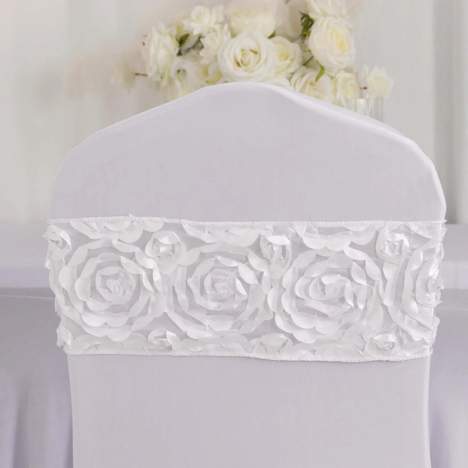 5 Pack Satin Spandex Chair Sashes 6"x14" White - Rosette Pattern Stretch Chair Bands - Image 14