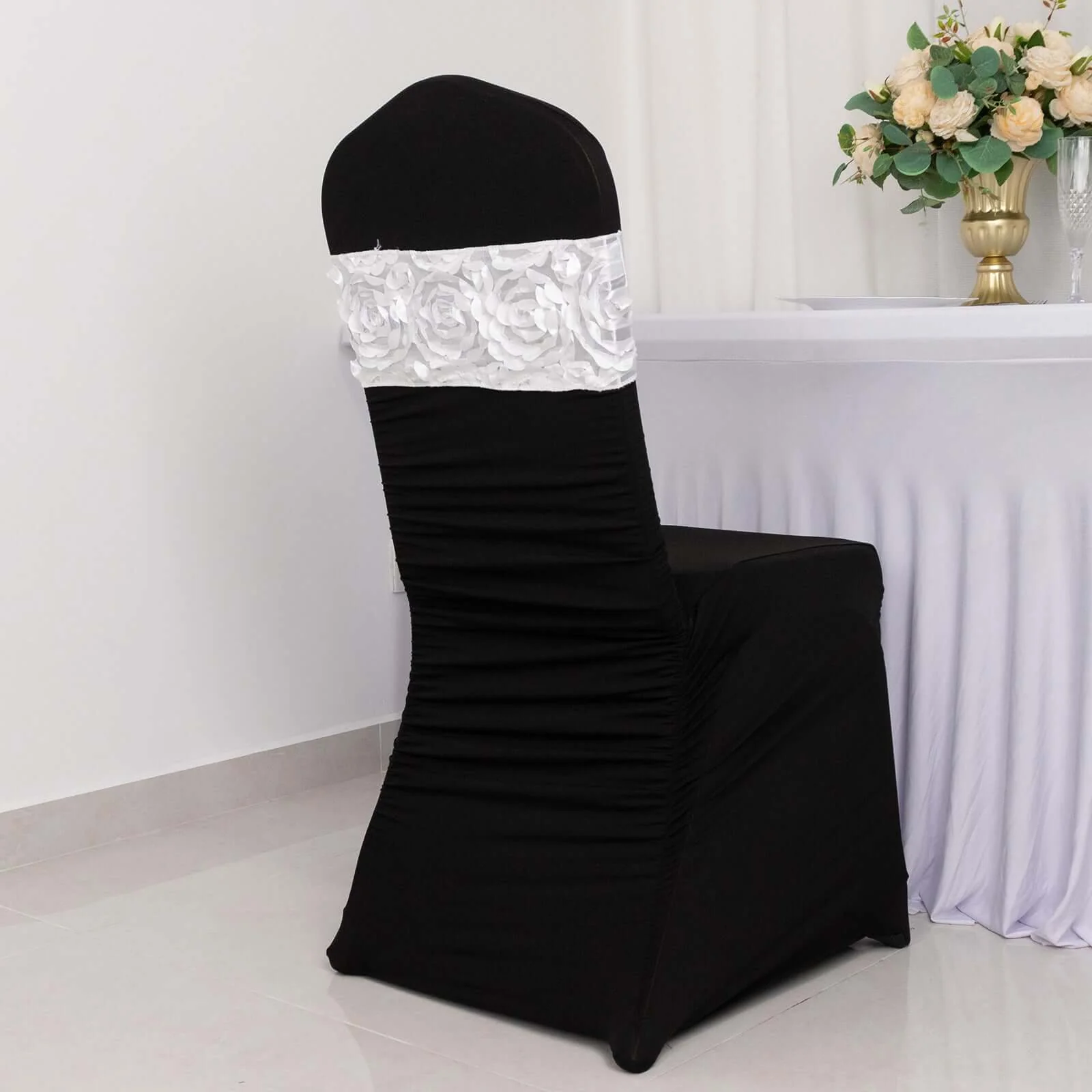 5 Pack Satin Spandex Chair Sashes 6"x14" White - Rosette Pattern Stretch Chair Bands - Image 7