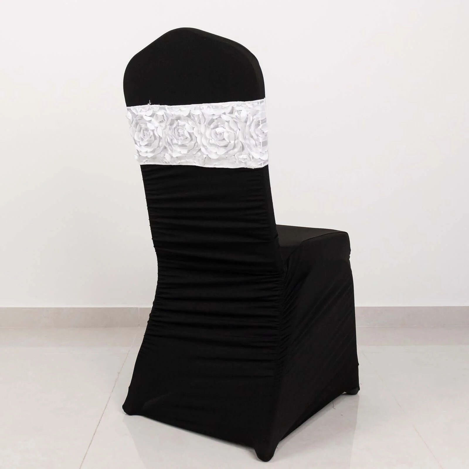 5 Pack Satin Spandex Chair Sashes 6"x14" White - Rosette Pattern Stretch Chair Bands - Image 9