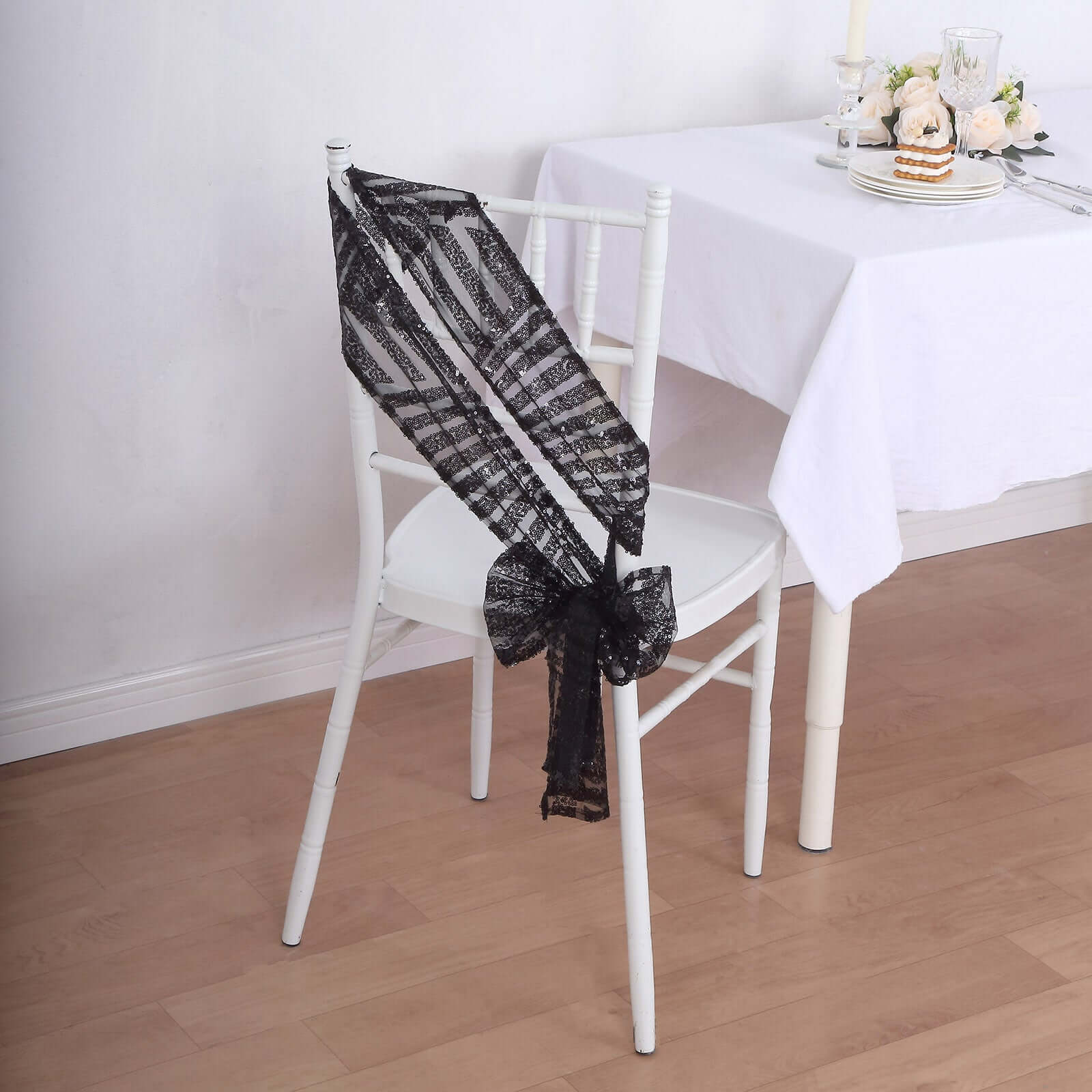 5 Pack Sequin Chair Sashes 6"x88" Black Geometric Diamond Glitz Design - Lustrous Decorative Design for Events - Image 2