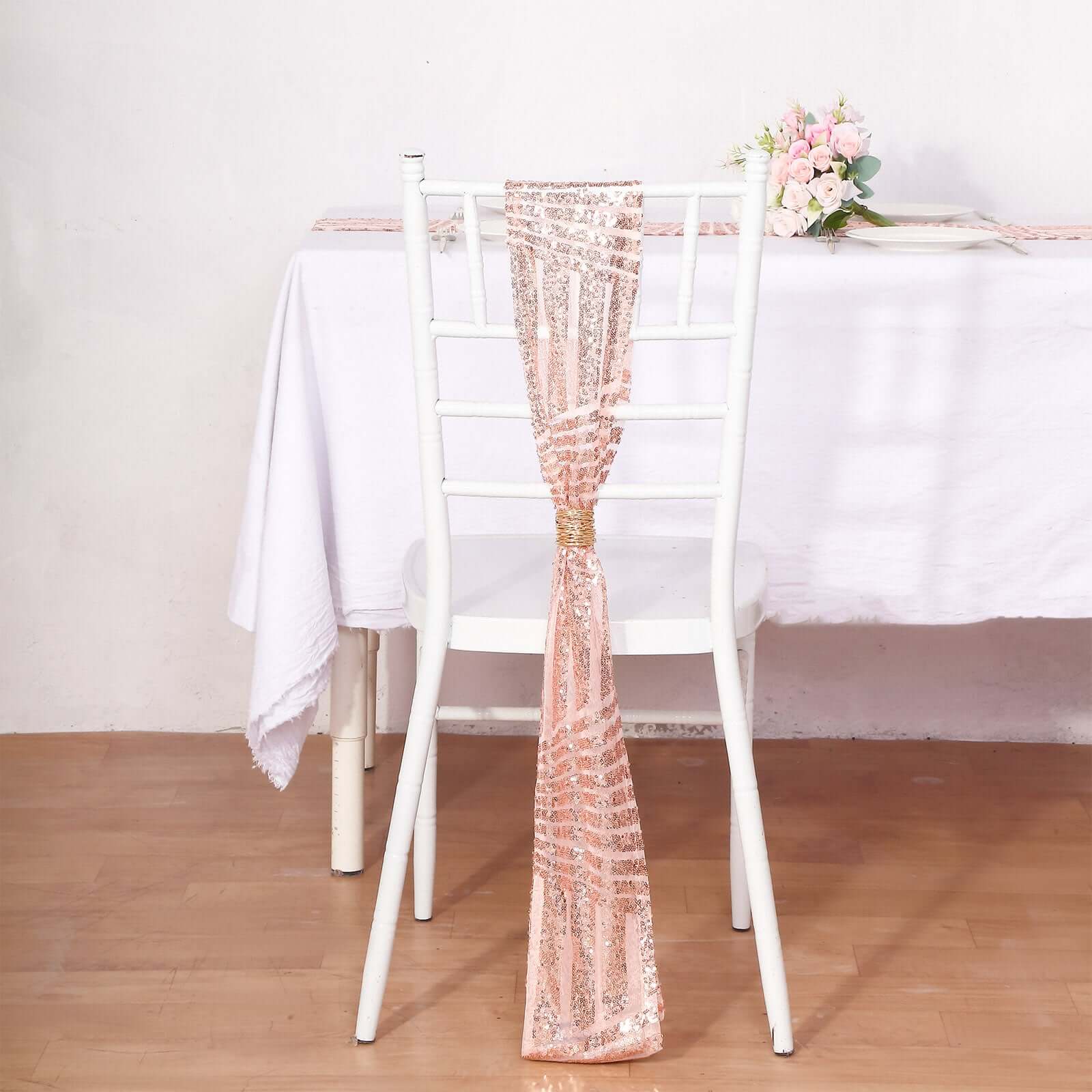 5 Pack Sequin Chair Sashes 6"x88" Rose Gold Geometric Diamond Glitz Design - Lustrous Decorative Design for Events - Image 8
