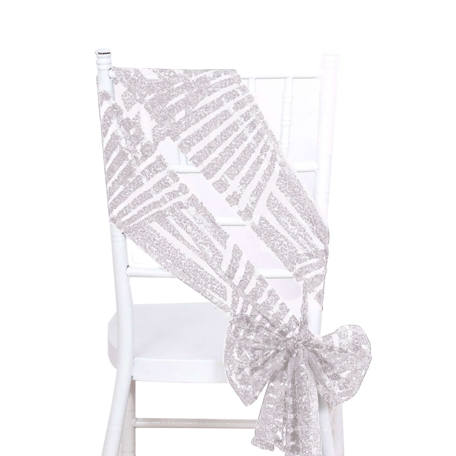 5 Pack Sequin Chair Sashes 6"x88" Silver Geometric Diamond Glitz Design - Lustrous Decorative Design for Events - Image 6